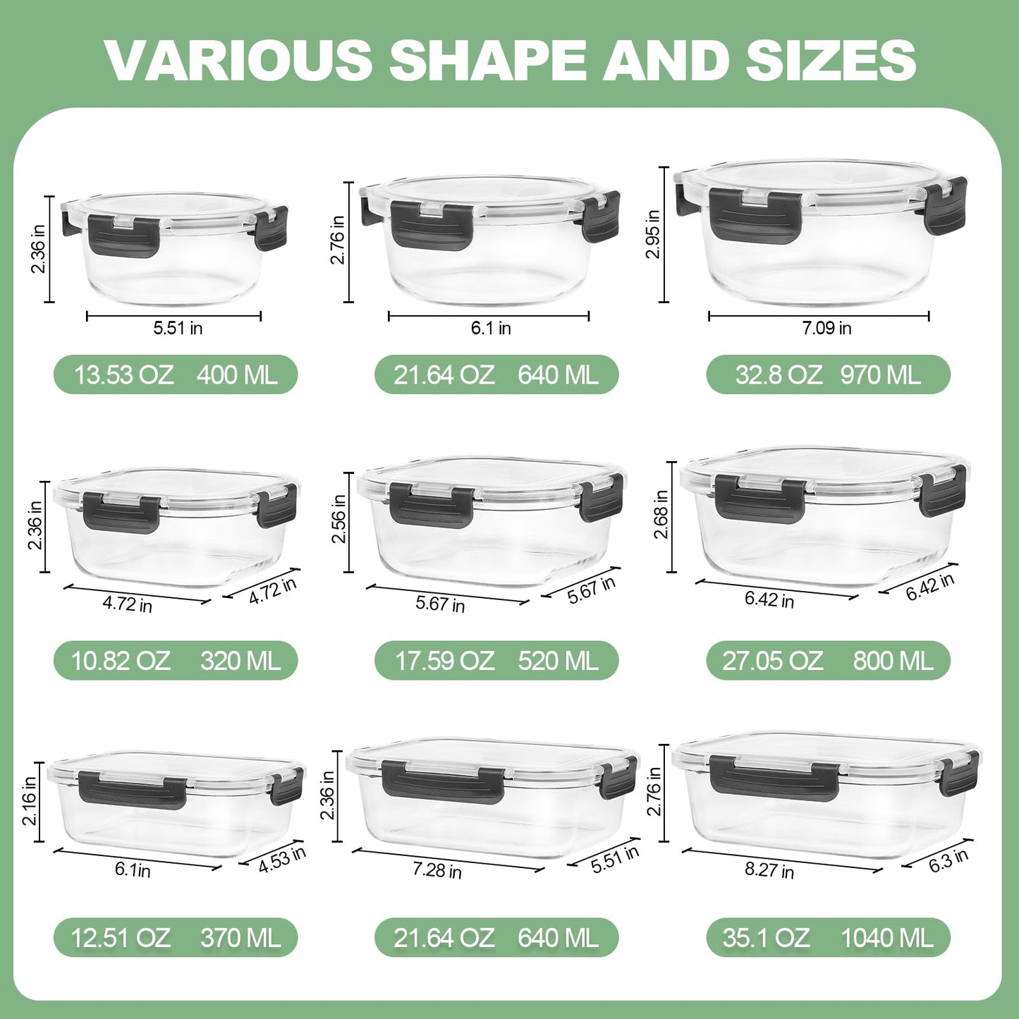 Skroam 12 Pack Glass Food Storage Containers with Lids, Meal Prep, Pantry Kitchen Storage Containers for Lunch, Leak Proof, Airtight Glass Lunch Bento