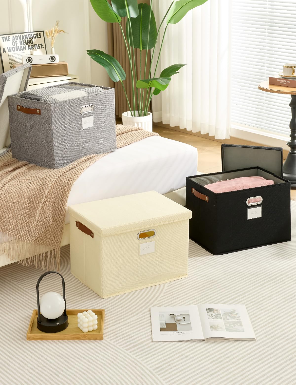 Bagnizer Storage Boxes with Lids 2PCS Foldable Fabric Storage Boxes Large Stackable Storage Baskets for Shelves Storage Box for Clothes Wardrobe Grey