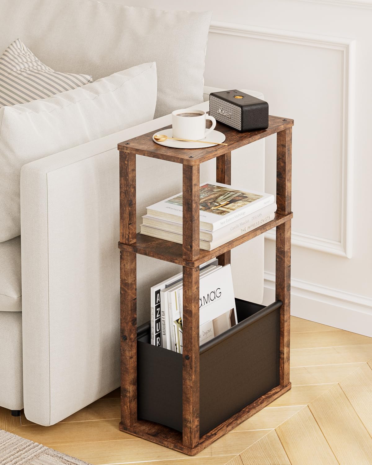 Apetaccat Narrow Side Table for Small Spaces, Slim End Table with Storage Basket, Small Bedside Table for Bedroom