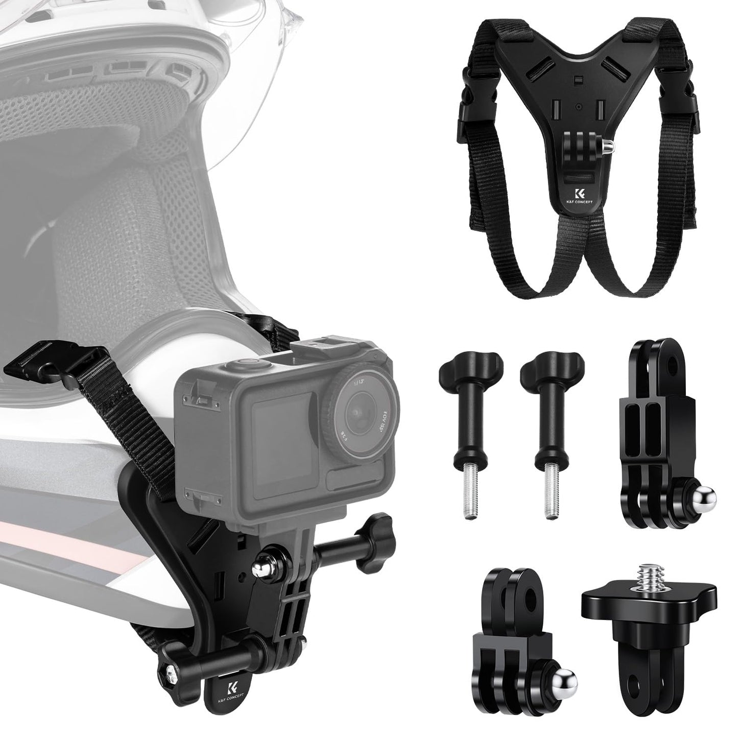 K&F CONCEPT Motorcycle Helmet Chin Mount Strap Compatible with GoPro Hero 13, 12, 11, Insta 360 X5, ONE X3, DJI OSMO Action 5 Pro, Non-Slip Silicone,