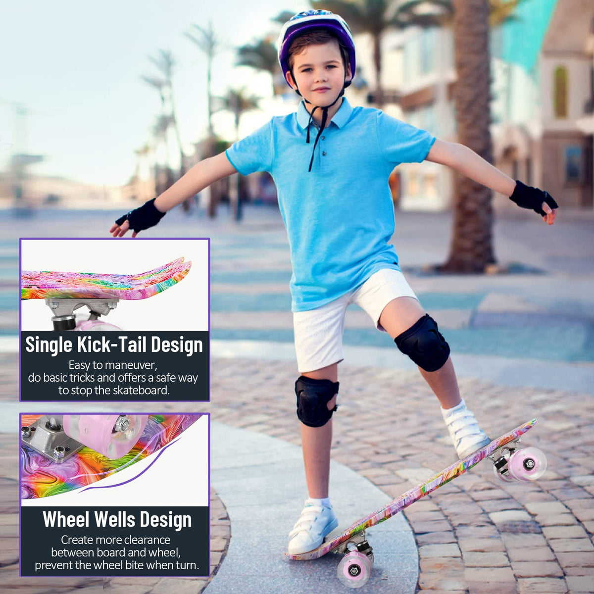 BELEEV 22 inch Skateboards for Kids, Cruiser Skateboard for Girls Boys Teens Adults Beginners, LED Light up Wheels, Mini Skateboards Classic Complete