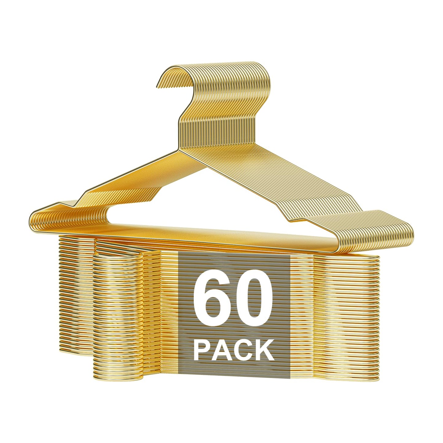 SPECILITE 42cm Gold Metal Hangers Bulk 60 Pack with Notches for Standard Size Coats, Shirts, Suits, Pants, Heavy Duty,Space Saving