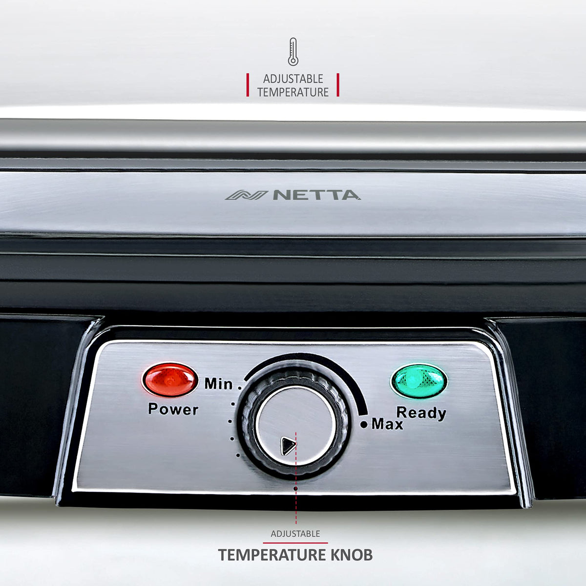 NETTA Panini Maker & Health Grill - Sandwich Toaster, Panini Press - 2 Slice Non-Stick Grill Plates  Built-In Fat Tray - 1500W - Stainless Steel
