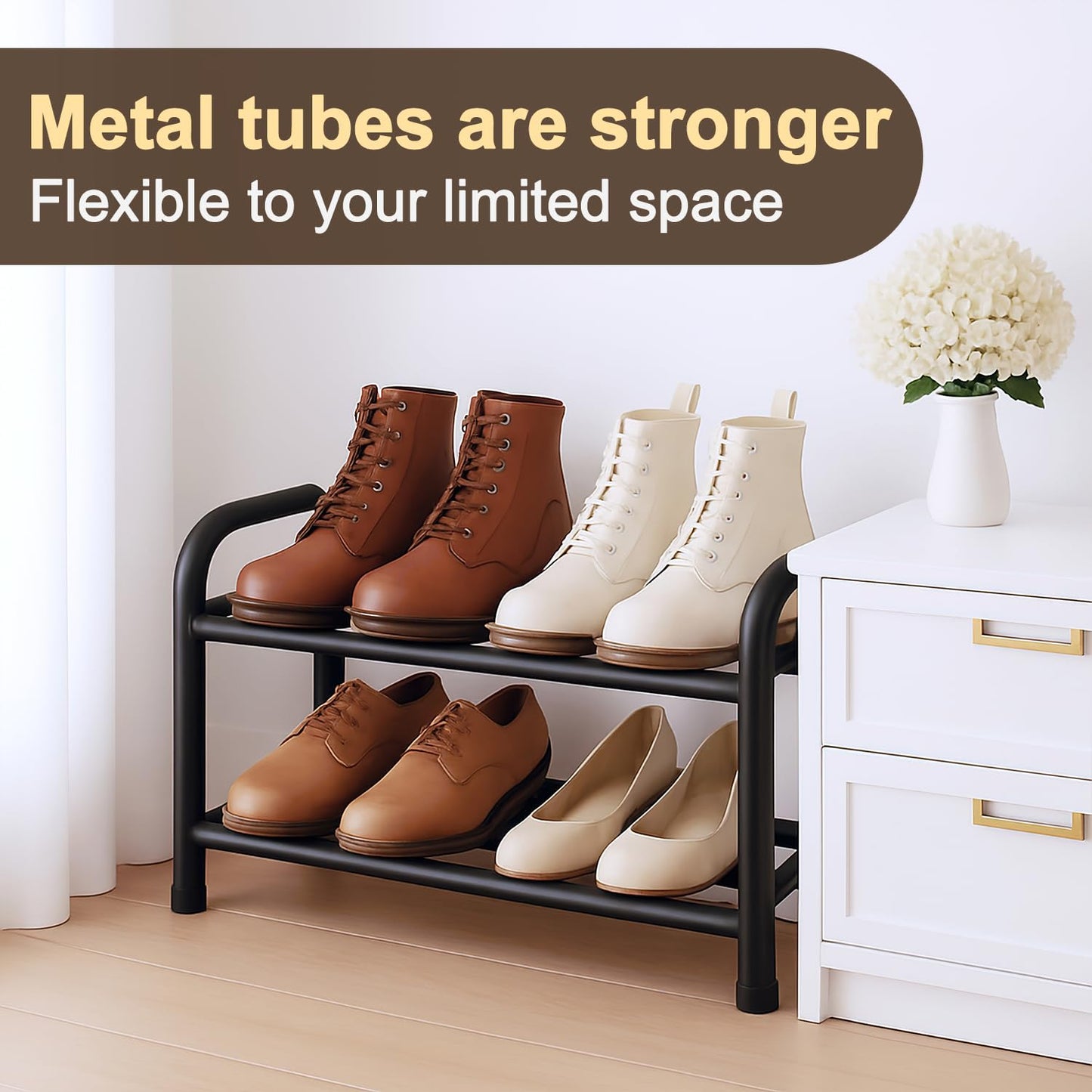 MIKVOYO 2 Tier Extendable Small Shoe Rack, Black Metal Adjustable Shoe Storage Racks for Inside Wardrobe Closet, Narrow Spaces, Hallway, Bedroom