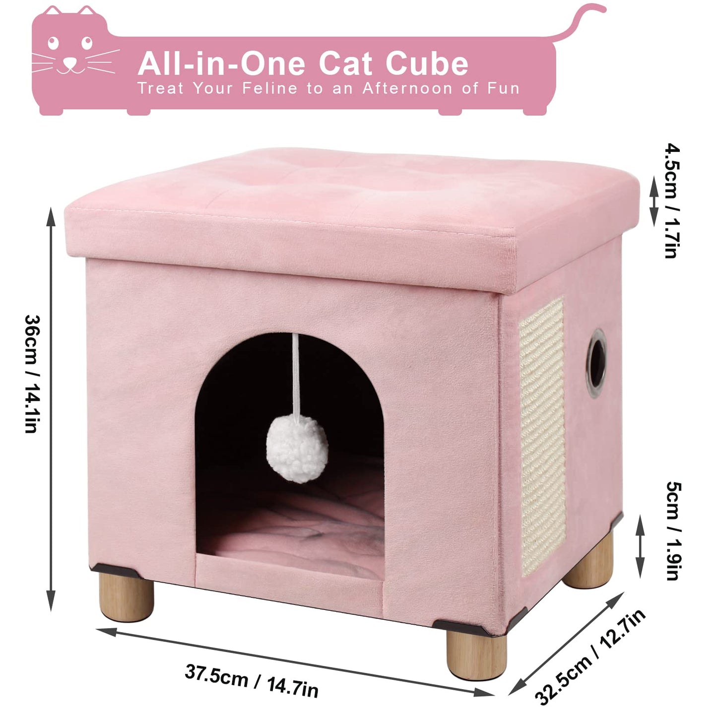 BRIAN & DANY Cat Cave for Indoor Cats, Multifunctional Cat Cube House with Scratch Board & Ball, Foldable Cat Bed, 37.5 x 32.5 x 36 cm, Pink