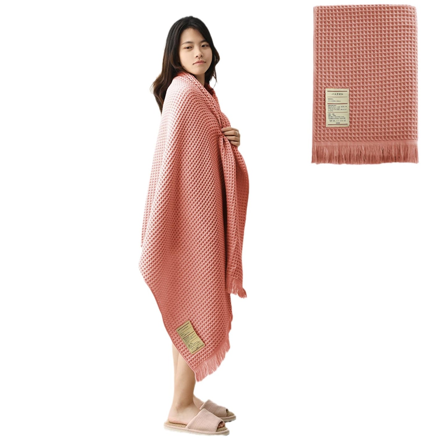 Jamron Pure Cotton Waffle Bath Towel Quick Dry Soft 180x90cm Large Bath Sheet Tassel Shawl SN079108 Pink