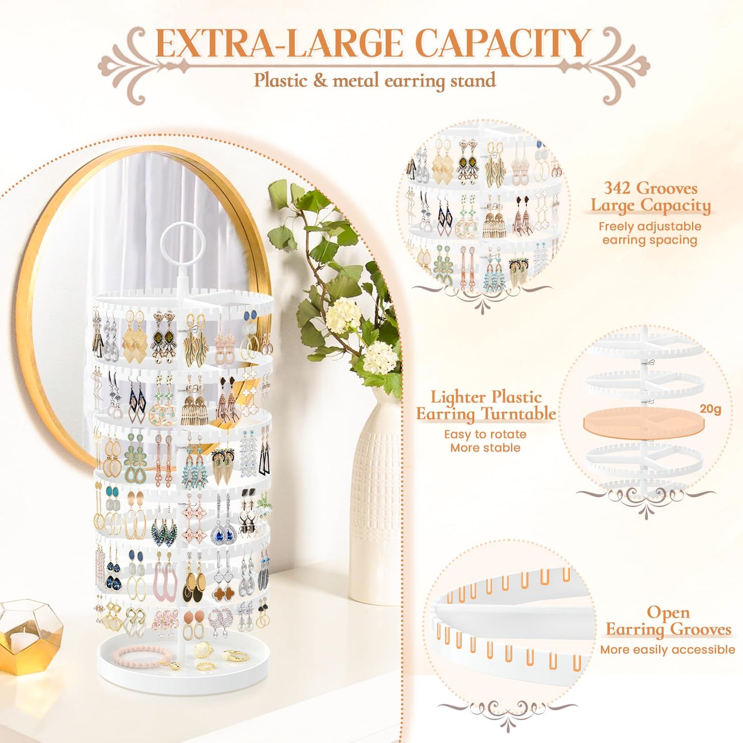iDavosic.ly 6 Tier Rotating Earring Holder Organizer with Metal Tray, White