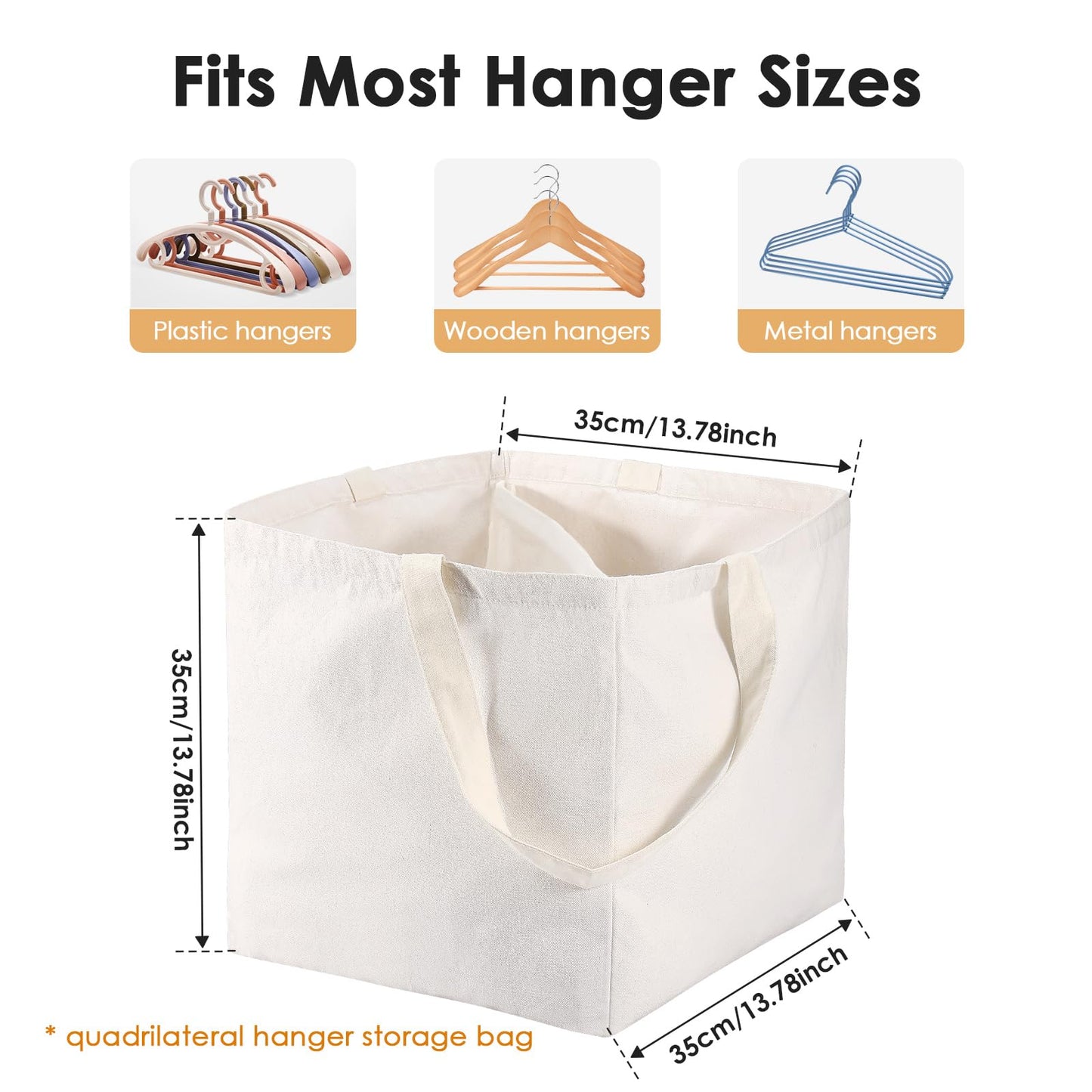 Square Hanger Storage Bag with Handles, Large Capacity Foldable Canvas Clothes Hanger Organizer Box for Wardrobe Storage Space Saving White (Square)