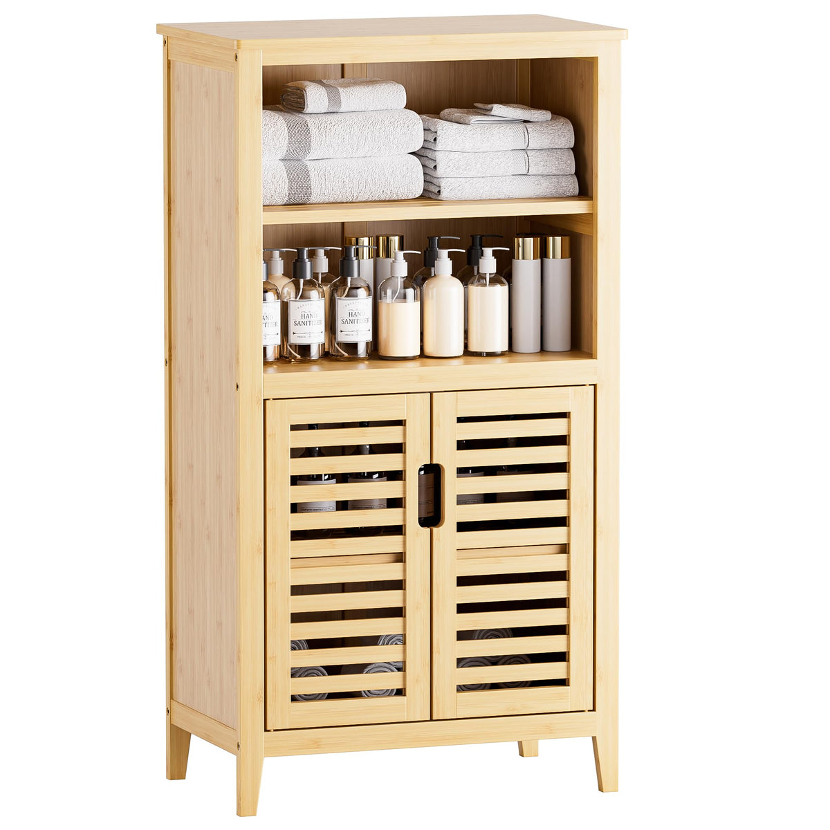 HITNET Bathroom Floor Cabinet, Freestanding Side Storage Organizer Unit with Double Shutter Doors and Movable Shelves, Bamboo Kitchen Cupboard,