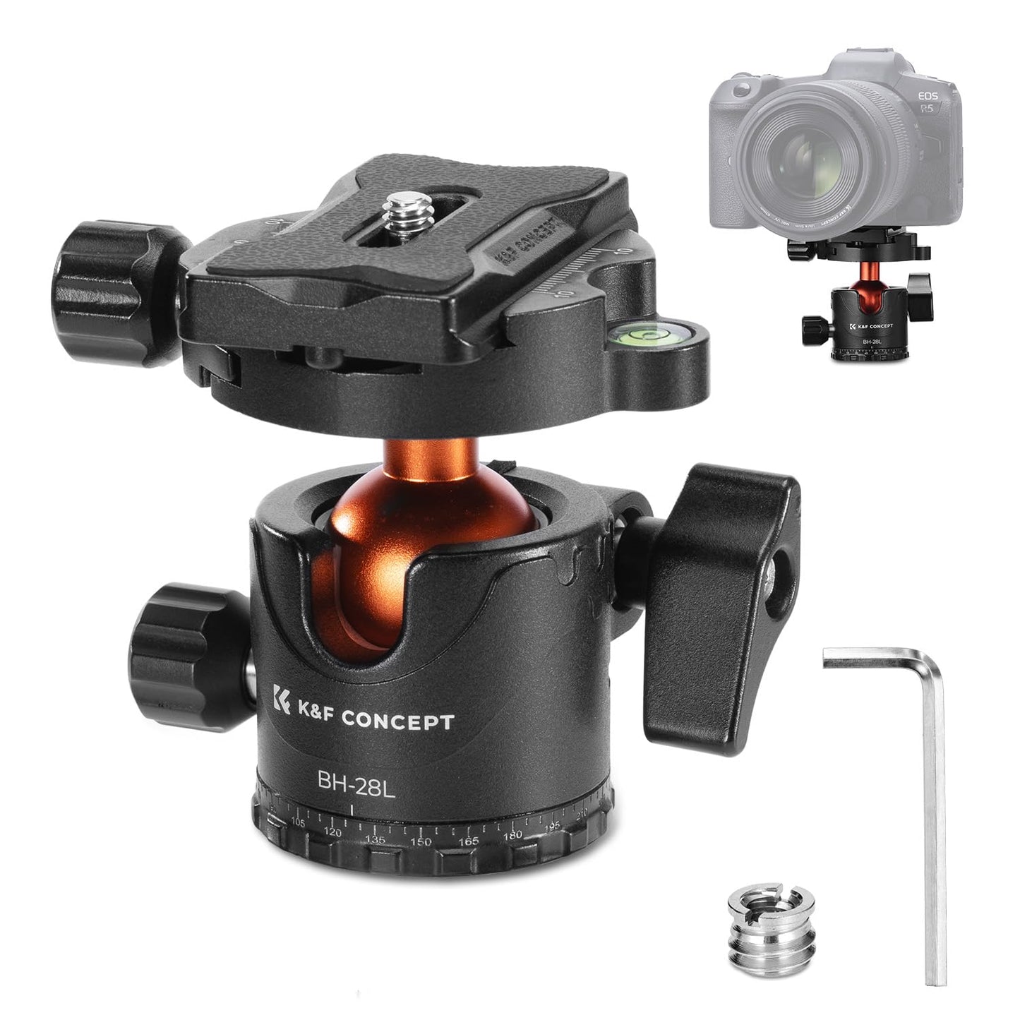 K&F CONCEPT 28mm Tripod Ball Head 360? Panoramic, Low Profile Ball Head with 1/4" Screw 3/8" Thread Mount and QR Plate, Bubble Level for Camera,