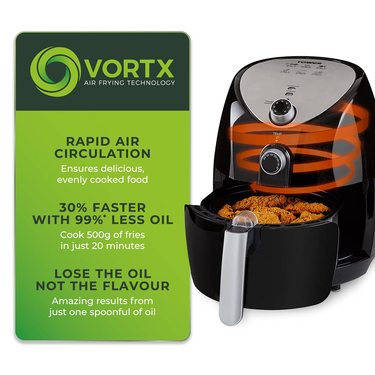 Tower T17021 Family Size Air Fryer with Rapid Air Circulation, 60-Minute Timer, 4.3L, 1500W, Black