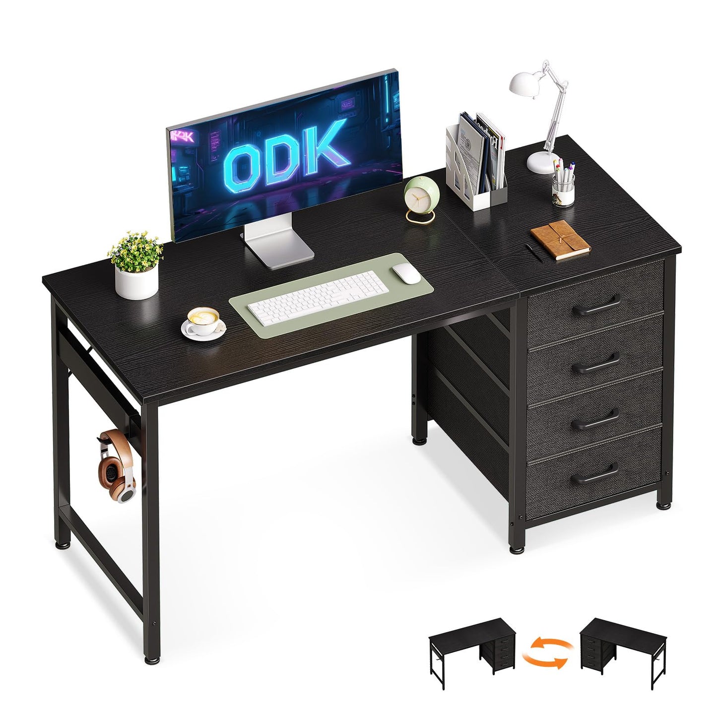 ODK Computer Desk with Drawers, Reversible Office Desk, 120 x 48 cm, Black