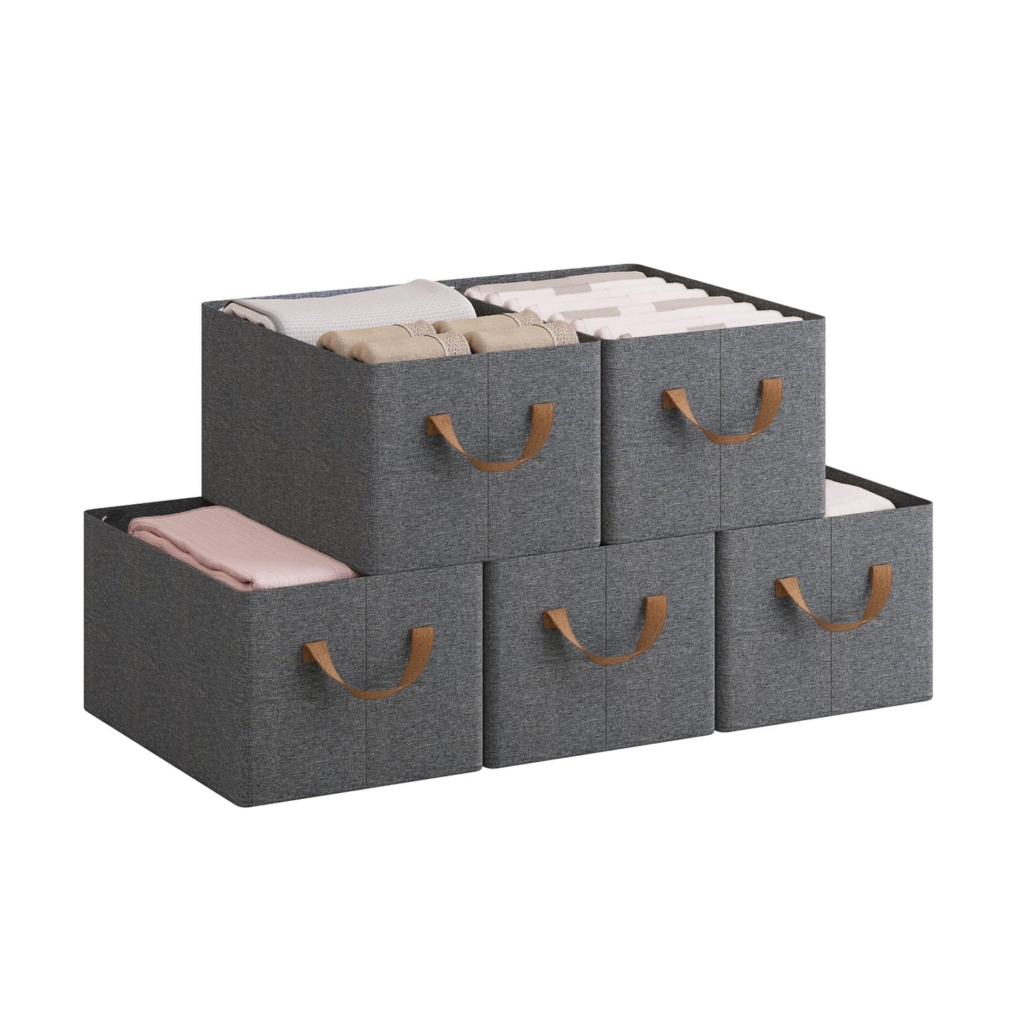 WOLTU ABB08gbn-5-UK Foldable Storage Boxes Set of 5, Fabric Storage Cubes with Handles, Stacking Boxes for Clothes and Toys, Grey, 37.5 x 20 x 26 cm
