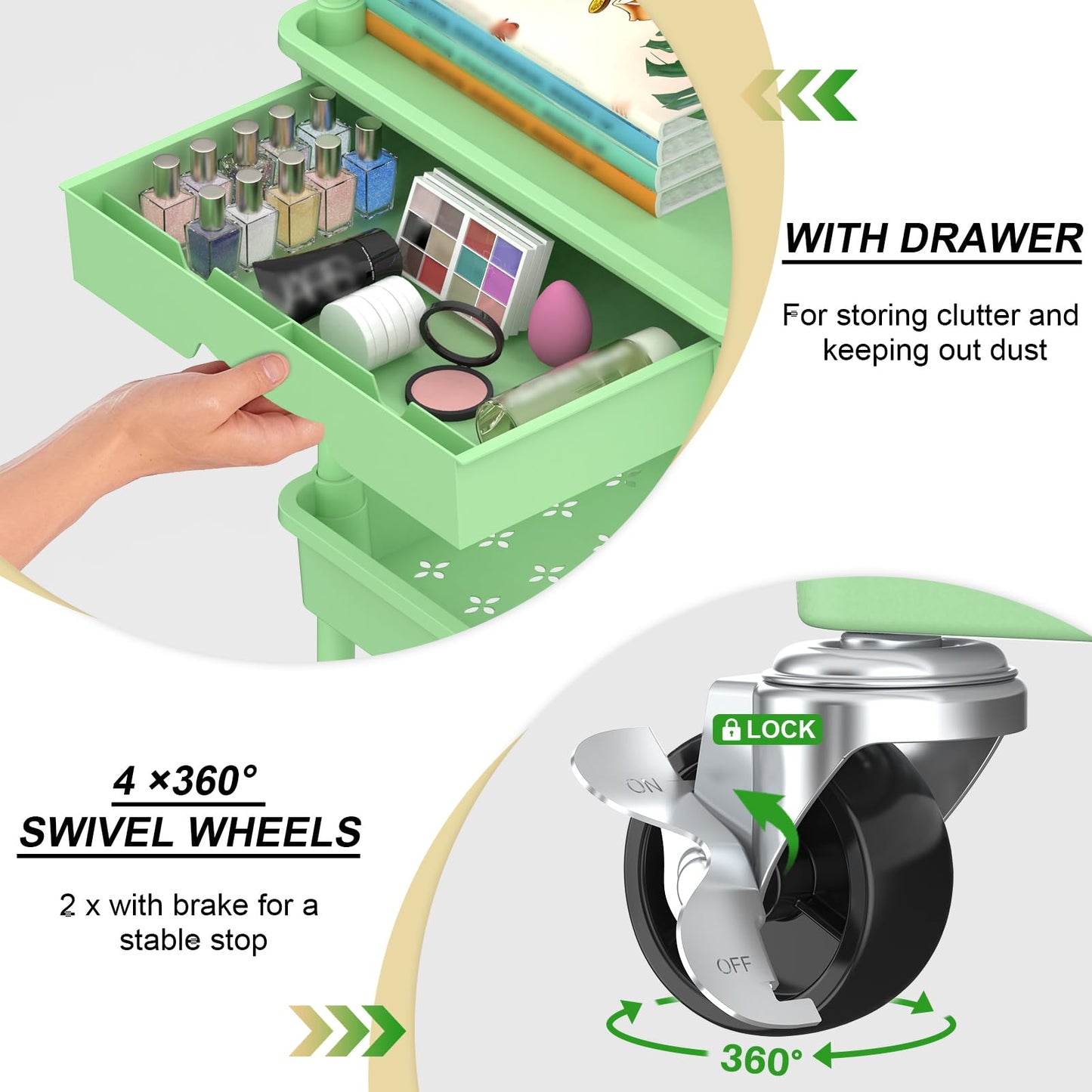 Yeabett 3 Tier Craft Trolley, Storage Trolley On Wheels Utility Cart With Drawer For Kitchen, Bathroom, Office, Living Room, Green