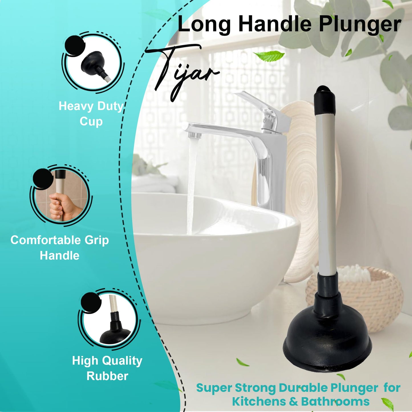 TIJAR® Plunger, Long Handle Plunger, Super Strong Durable Plunger for Kitchens and Bathrooms, Extreme Suction Sink Plunger Opener Bathtub, Shower
