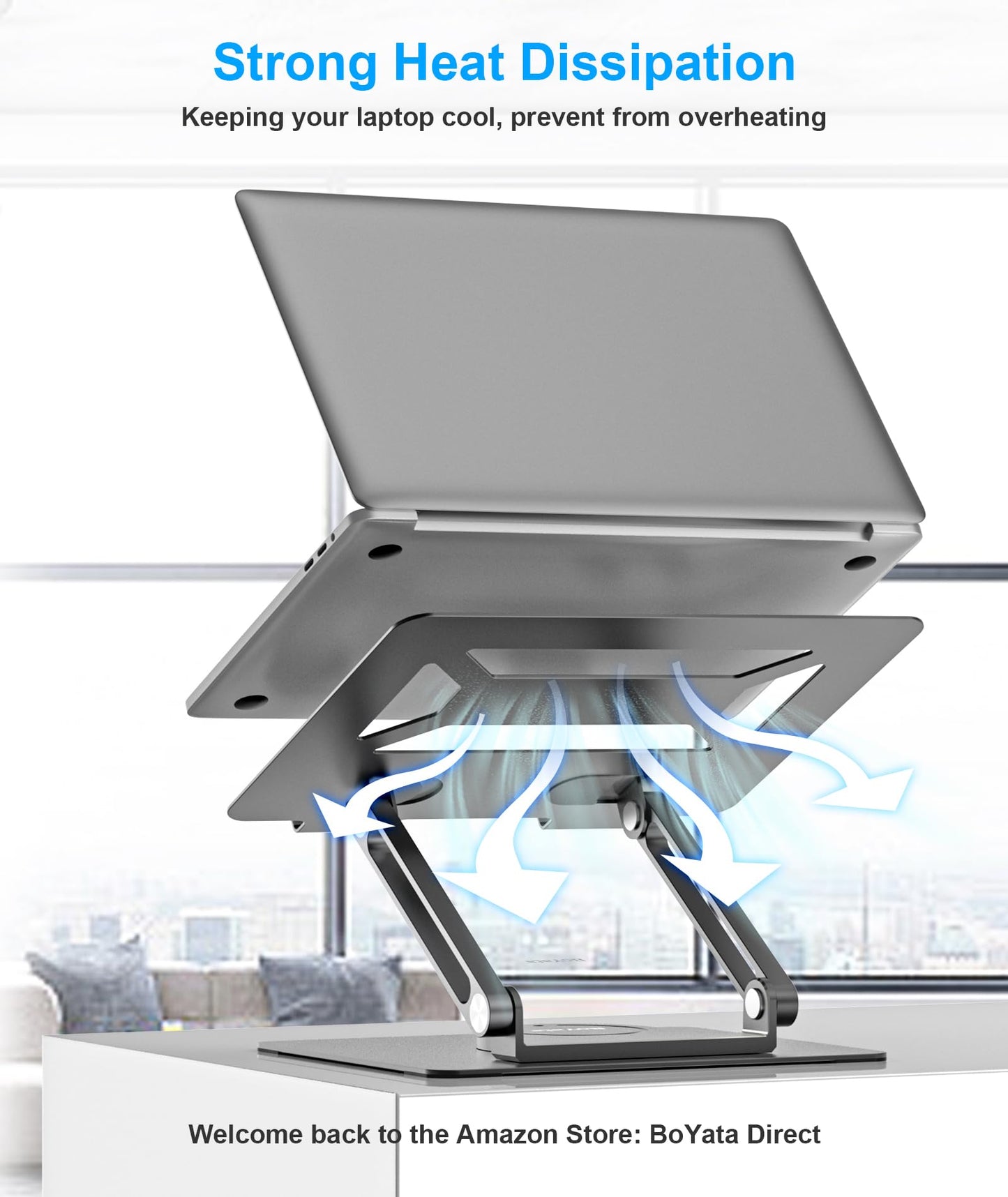 BoYata Laptop Stand for Desk, Adjustable Computer Stand with 360 Rotating Base, Ergonomic Foldable Laptop Riser Holder Compatible with All MacBook