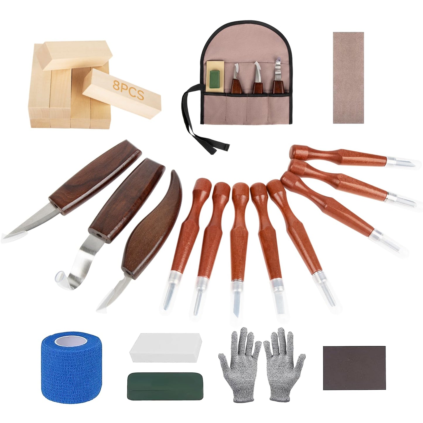 30PCS Wood Carving Kit Woodworking Chisel,BritPick Wood Kit for Beginners, Includes 8PCS Basswood Carving Blocks and 11PCS Whittling, Gloves, Roll