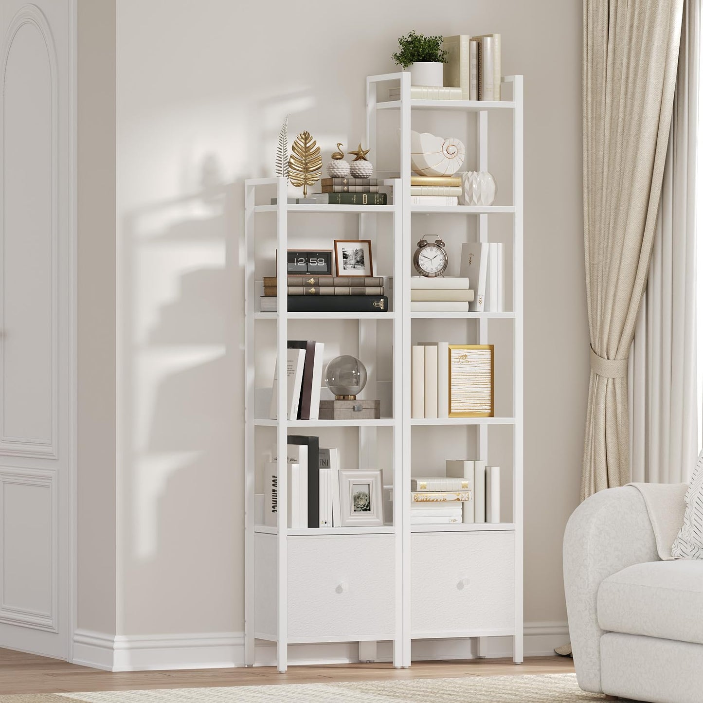 MAHANCRIS Bookshelf, 5-Tier Bookcase with Removable Drawer, Freestanding Book Shelf for Small Space, Storage Shelf Organizer, for Living Room