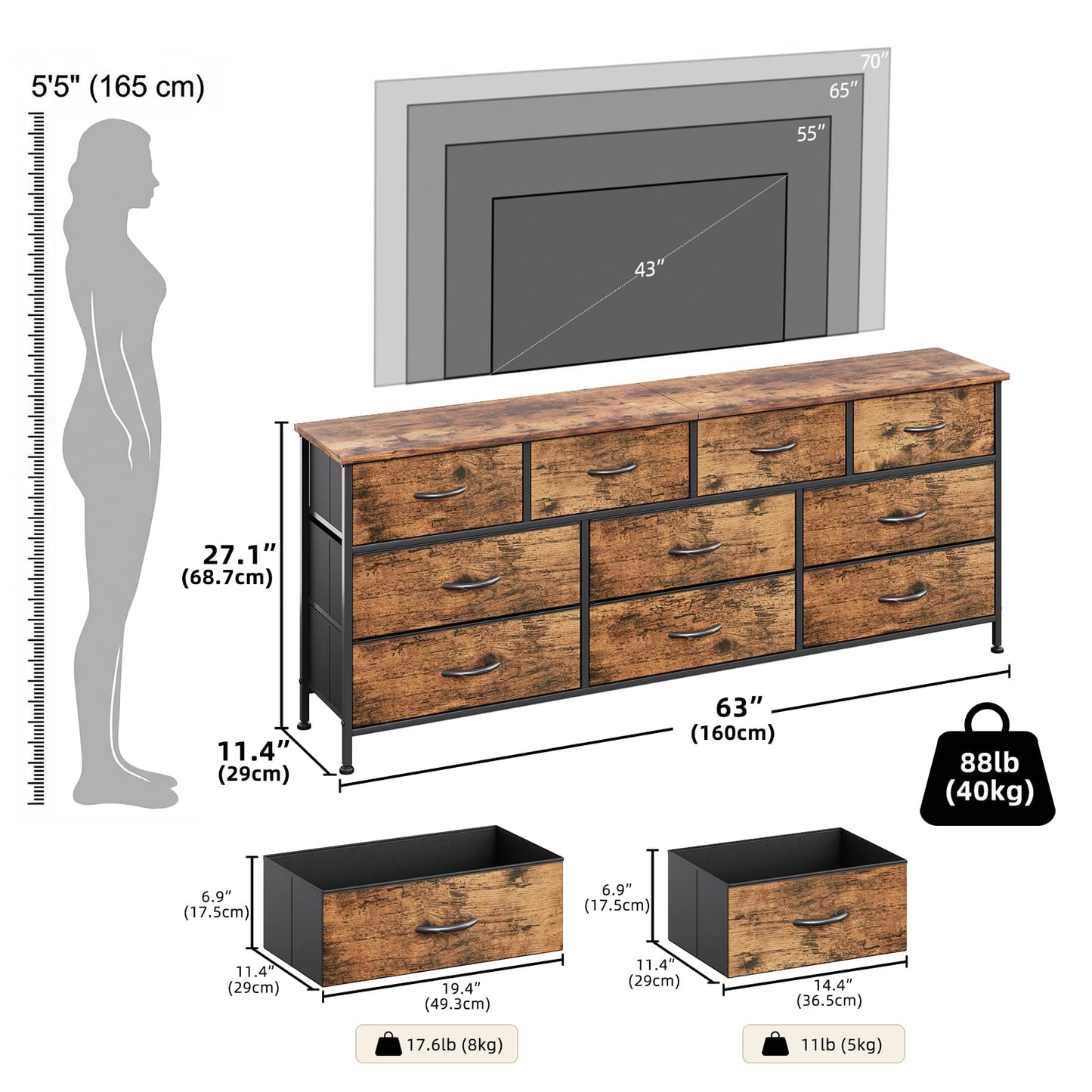 VERMESS Bedroom Dresser & Chests of Drawers with 10 Fabric Drawers, TV Stand Cabinet Unit for 65", 70" TV, Dresser Storage Organizer