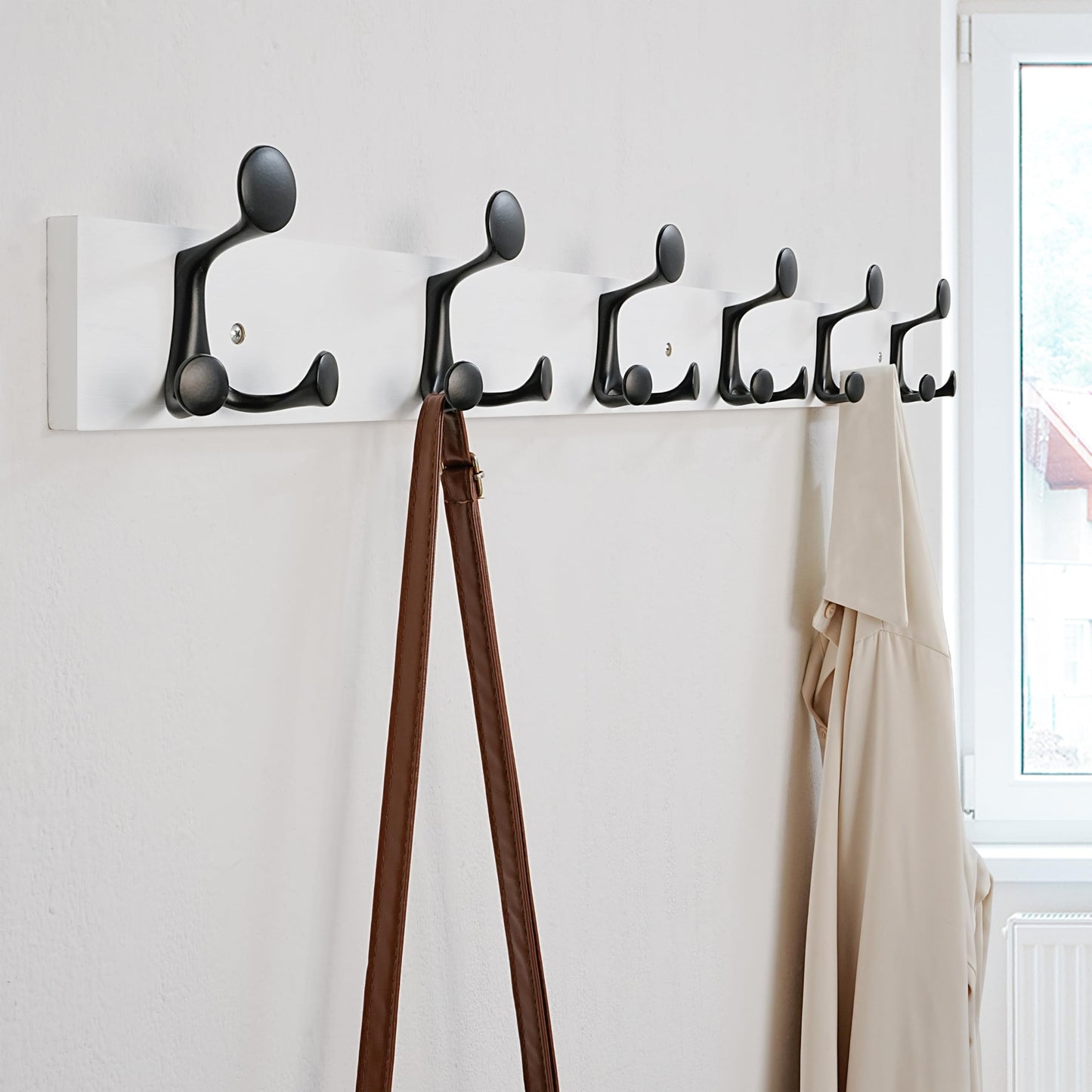 SKOLOO 99cm White Wood Coat Rack Wall Mount with 6 Triple Hooks - Ideal for Family Entrances, Classrooms, and Pet Supplies Storage