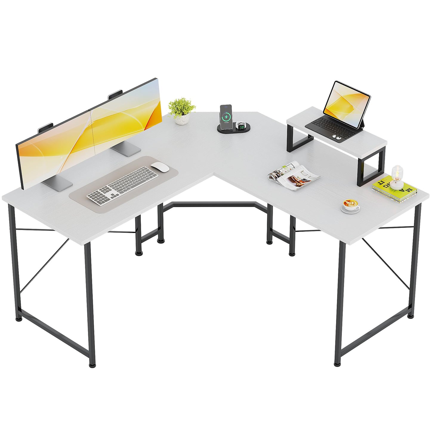 CAIYUN Corner Desk, 50" L Shaped Gaming Desk with Removable Monitor Stand, Computer Desk for Home Office, Metal Frame, White