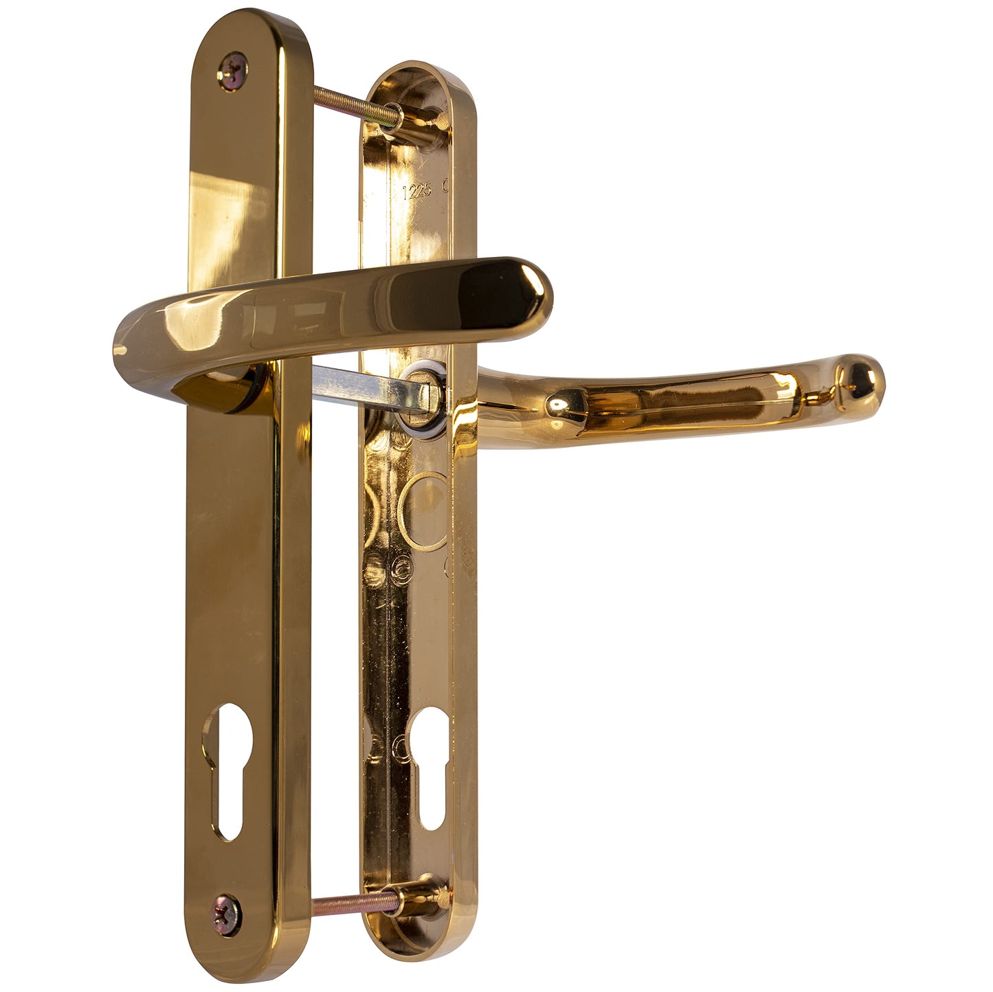 UPVC Door Handles - Polished Brass - Lever/Lever - 92mm PZ (Centres) - 210mm Screw to Screw - Backplate 242mm X 34mm - UPVC Door Handle - External