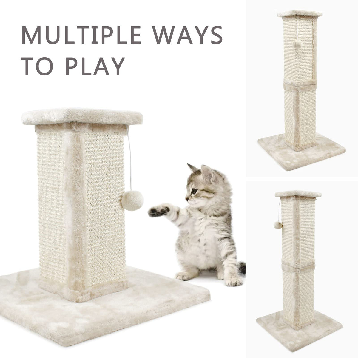 SONGWAY Tall Cat Scratching Post - Natural Sisal Cat Scratcher with Teasing Toy Ball and Covered with Soft Plush, Scratch Toy for Cats Kittens, Beige