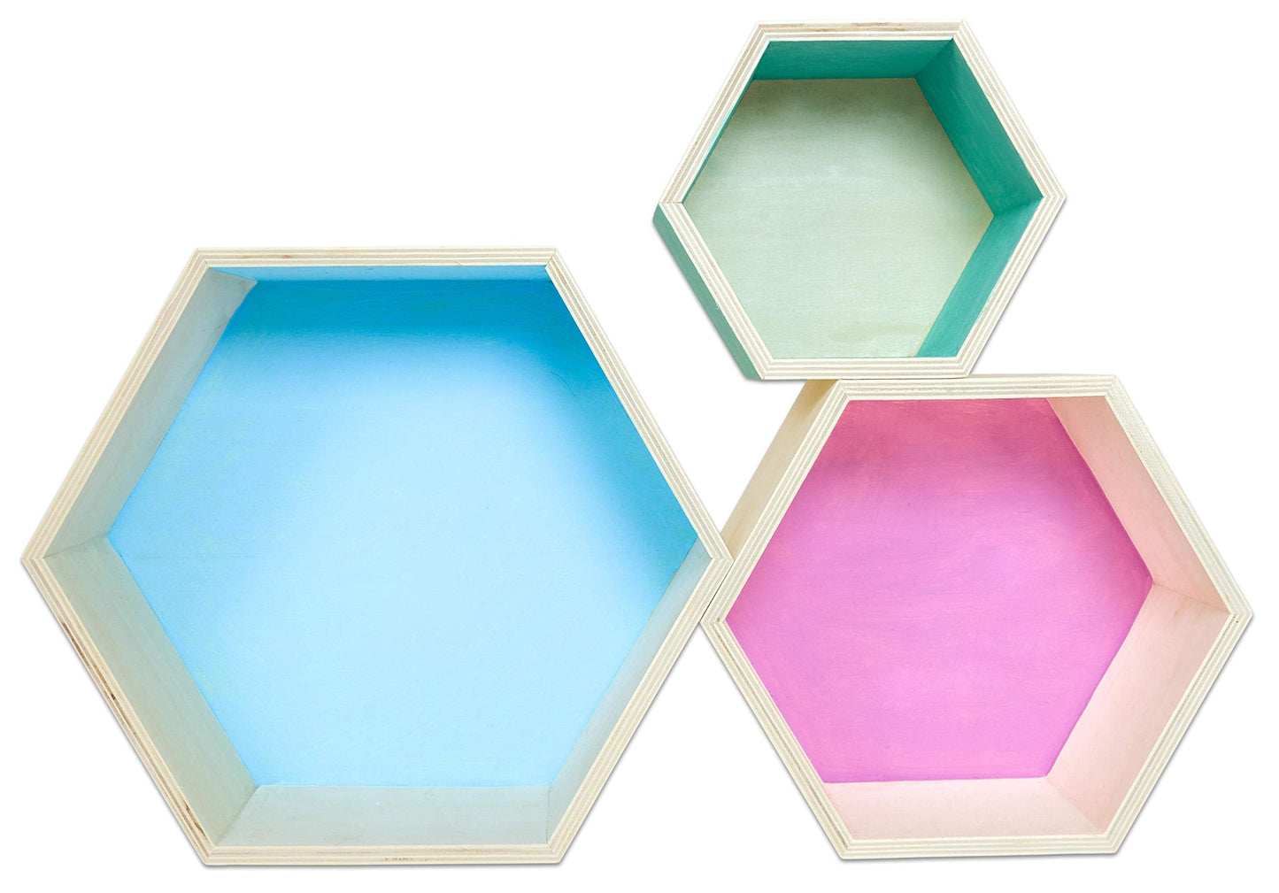 Creativ Company 56430 Hexagon Shelves, H: 14,8+19+24,2 cm, Depth 10 cm, Plywood, Hexagonal, 3 Assorted Shelves and Sizes