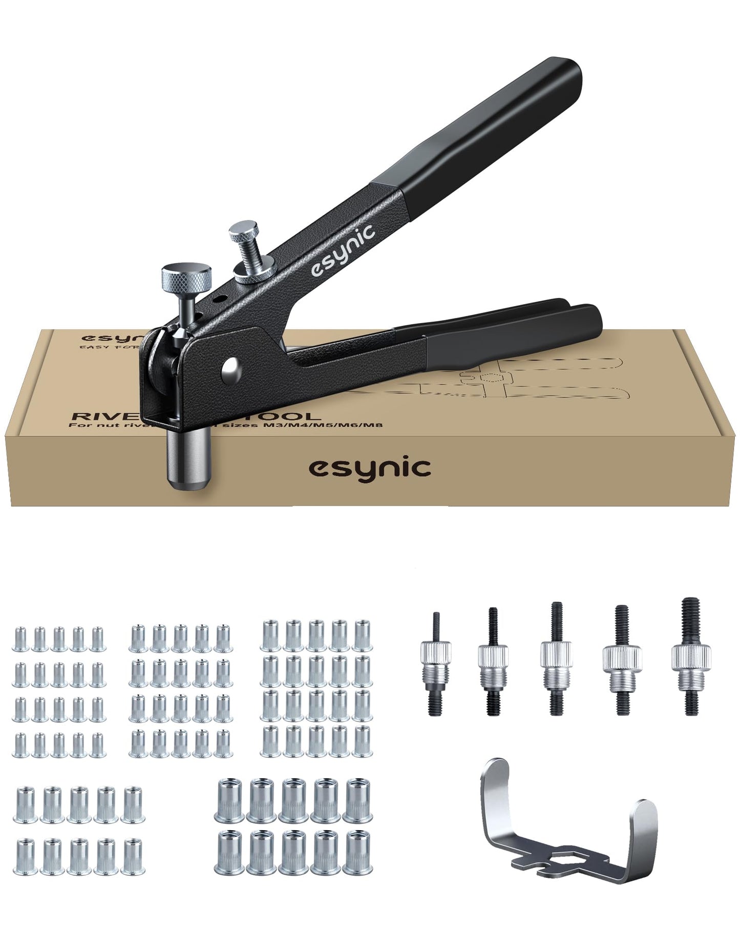 eSynic Rivnut Gun Tool Kit 10 Inch Rivet Nut Gun Set Hand Rivnut Tool Kit Heavy Duty Rivnut Gun Set Nut Rivet Tool with 80Pcs Riveter Nuts Metric M3
