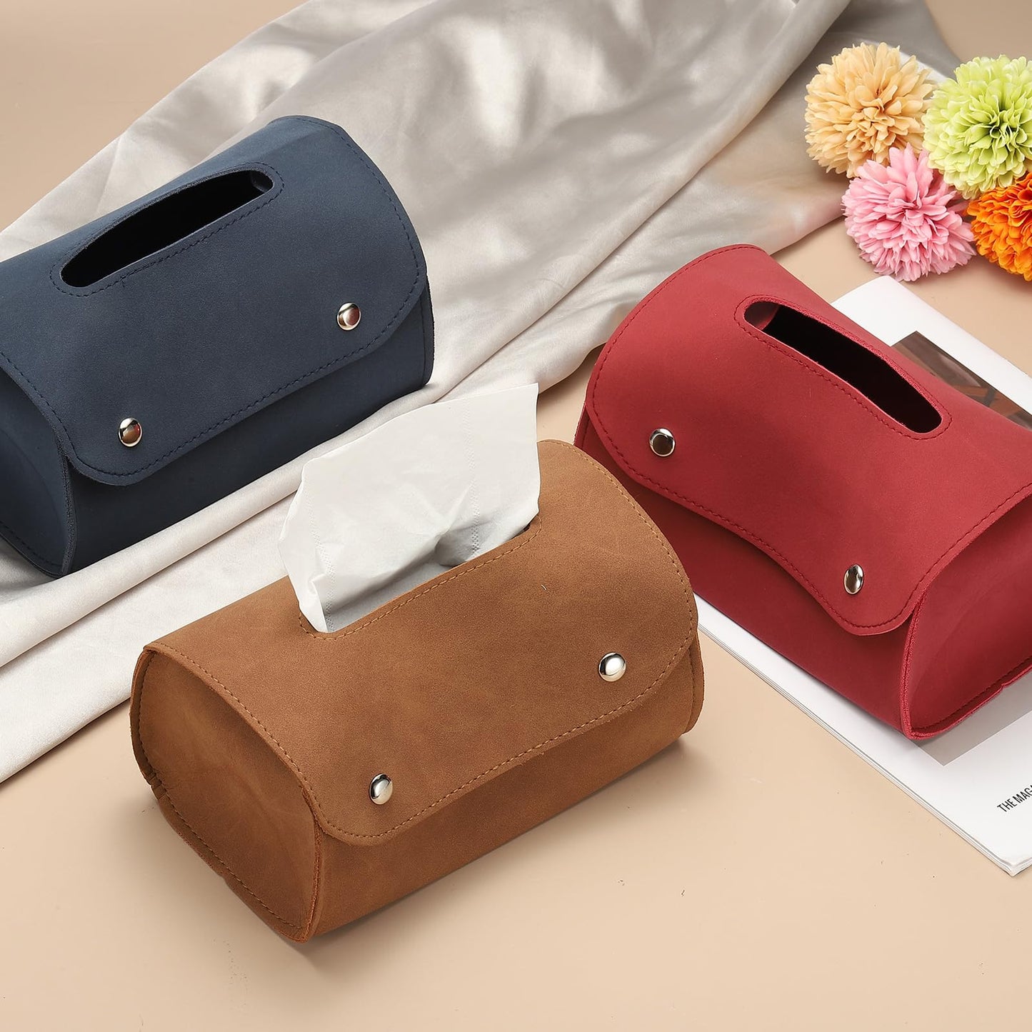 sourcing map Faux Leather Tissue Box Cover, Rectangular PU Tissue Box Cover with Button Tissue Holder Bag for Home/Bathroom/Car/Office Decor