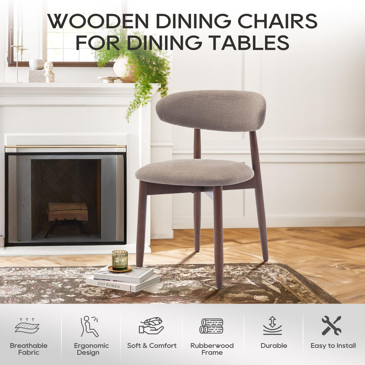 COLAMY Wooden Dining Chairs Set of 4, Modern Fabric Upholstered Kitchen Side Chairs, Farmhouse Dining Room Chair with Foot Pegs, Camel