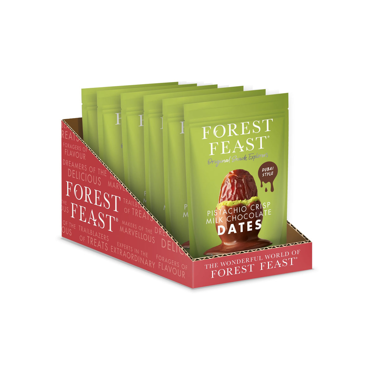 Forest Feast Pistachio Crisp "Dubai Style" Milk Chocolate Dates, 6 x 120g - Milk Chocolate Coated Dates with Pistachio Crisp