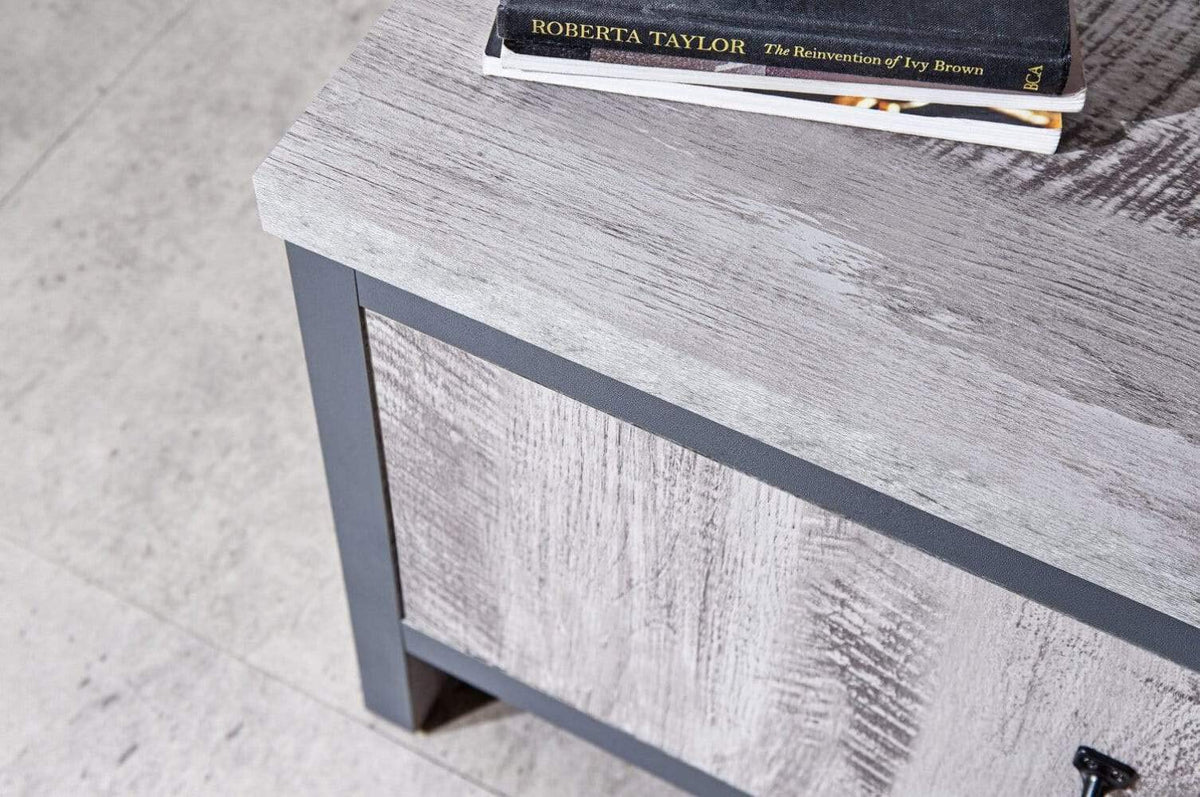 GFW Boston Grey Wood Effect TV Cabinet, 2 Door TV Unit with Open Media Shelf, Industrial Entertainment Stand for Living Room