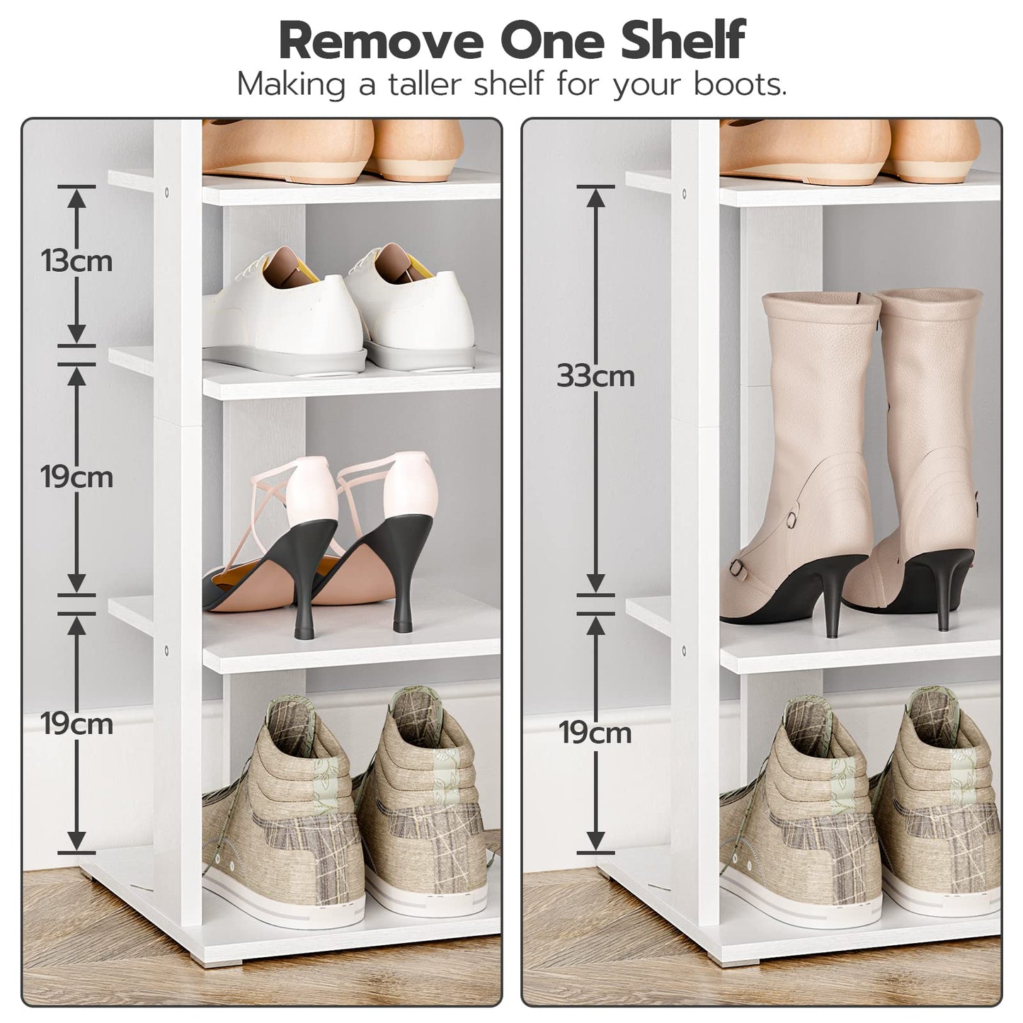 HOOBRO Shoe Rack Wooden, White Shoe Shelf, Tall, Narrow Shoe Storage Organizer with 2 Hooks, Vertical Shoe Tower for Entrance, Living Room, Hallway