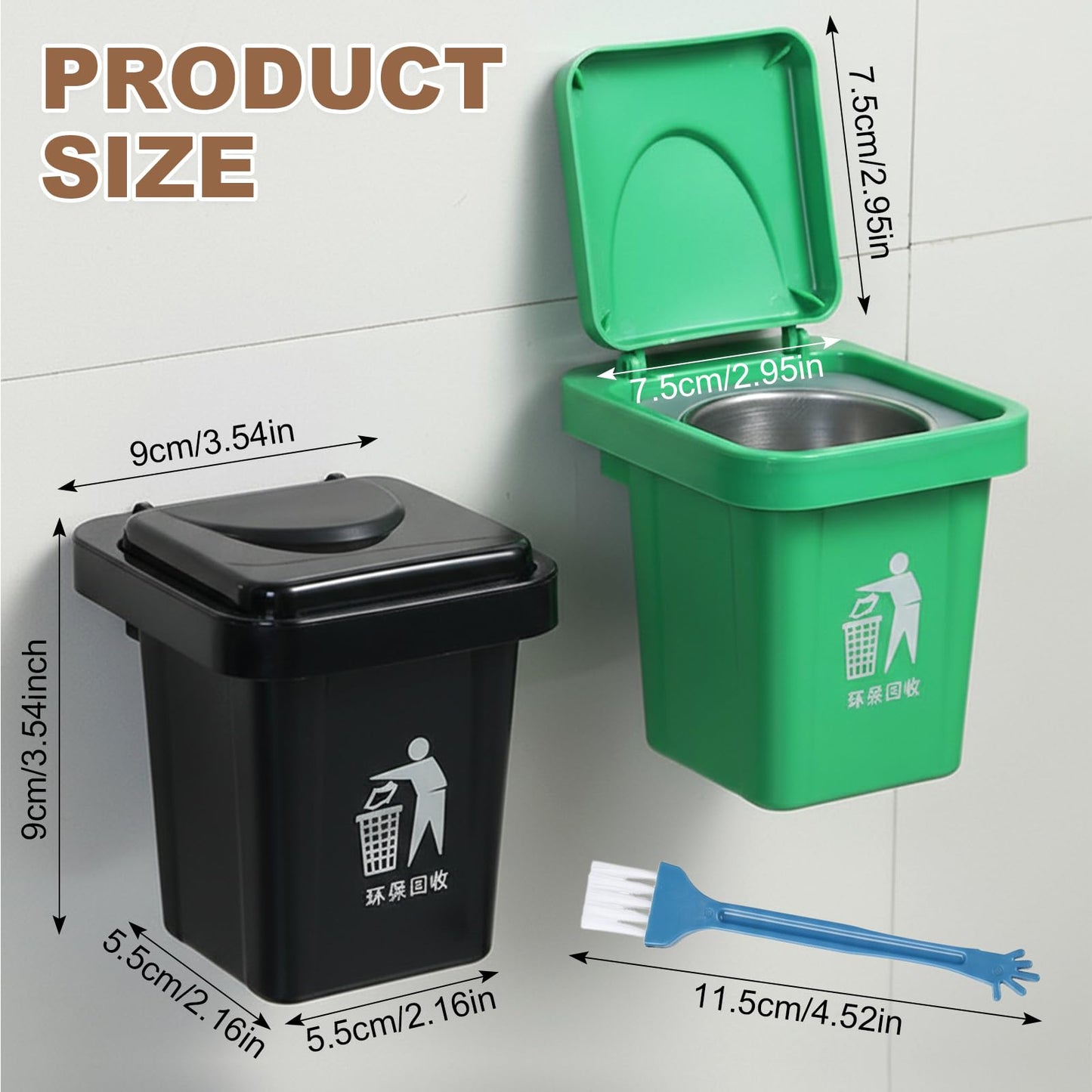 Wall-Hanging Ashtray Can with Brush, Trash Can Ashtray with Lid, Stainless Steel Creative Small Trash Cans with Removable Inner Bucket and Cover