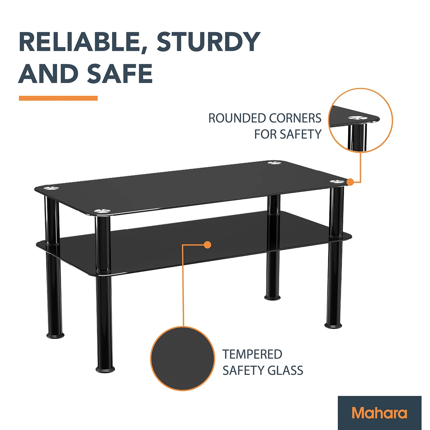 mahara Black Glass Coffee Table - Slimline side table with shelf and black aluminium legs - Small table W80cm x D40cm x H41.5cm