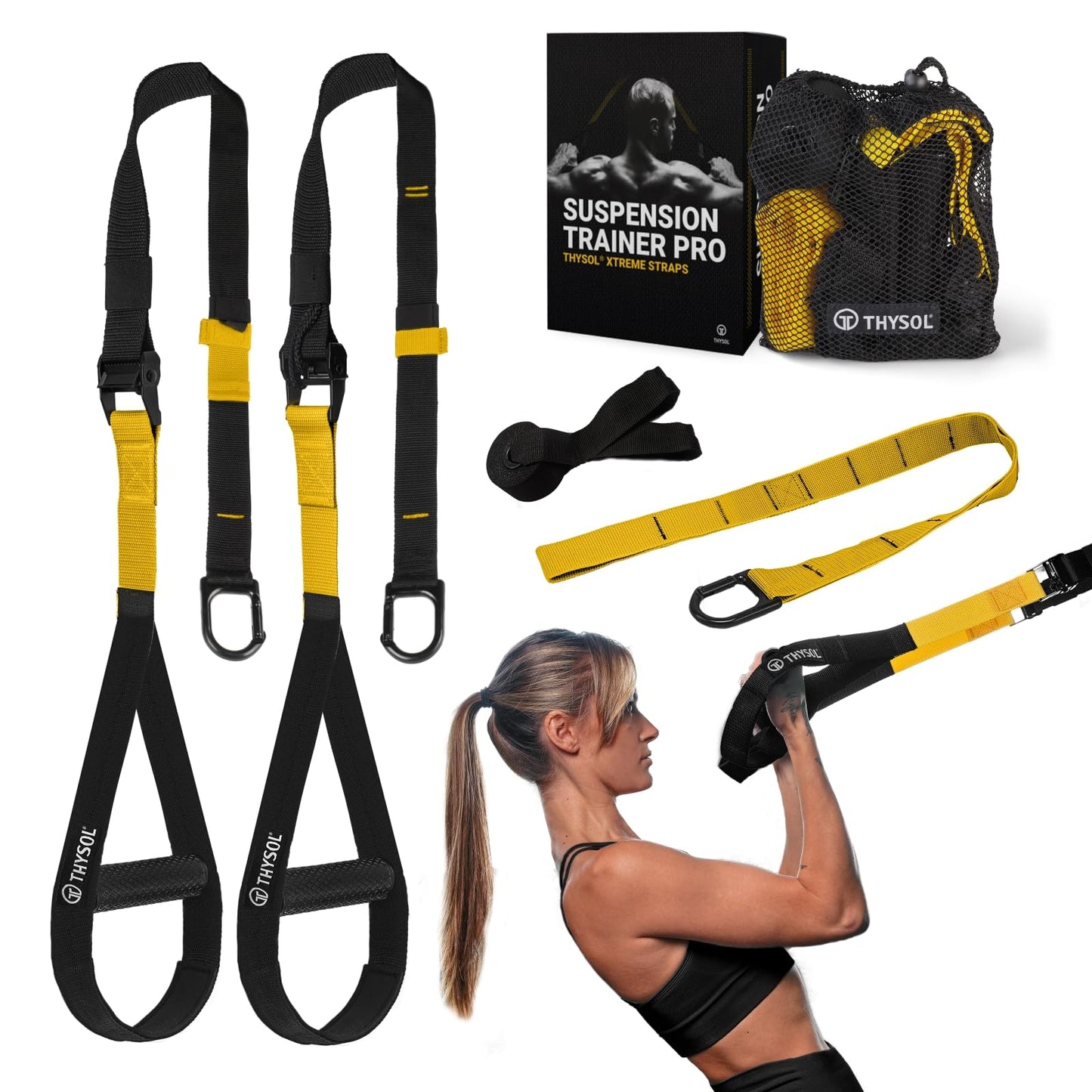 THYSOL? Suspension Trainer Pro Xtreme Straps | Sling Trainer Set with Adjustable Door Anchor | Fitness Home Workouts - Suitable for Travelling and for