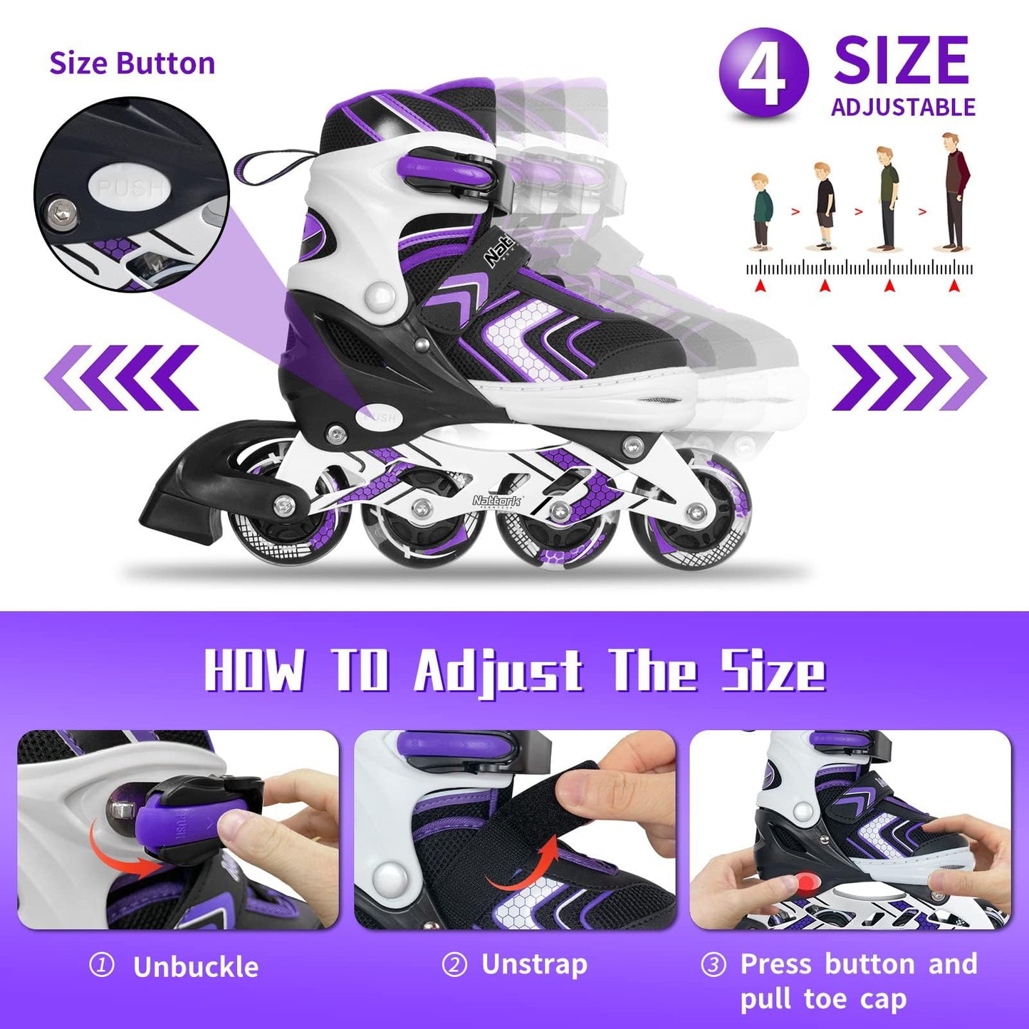 Adjustable Inline Skates for Girls, Girls Roller Skates for Kids Ages 8-12, Roller Skates with All Light up Wheels for Youth, Purple
