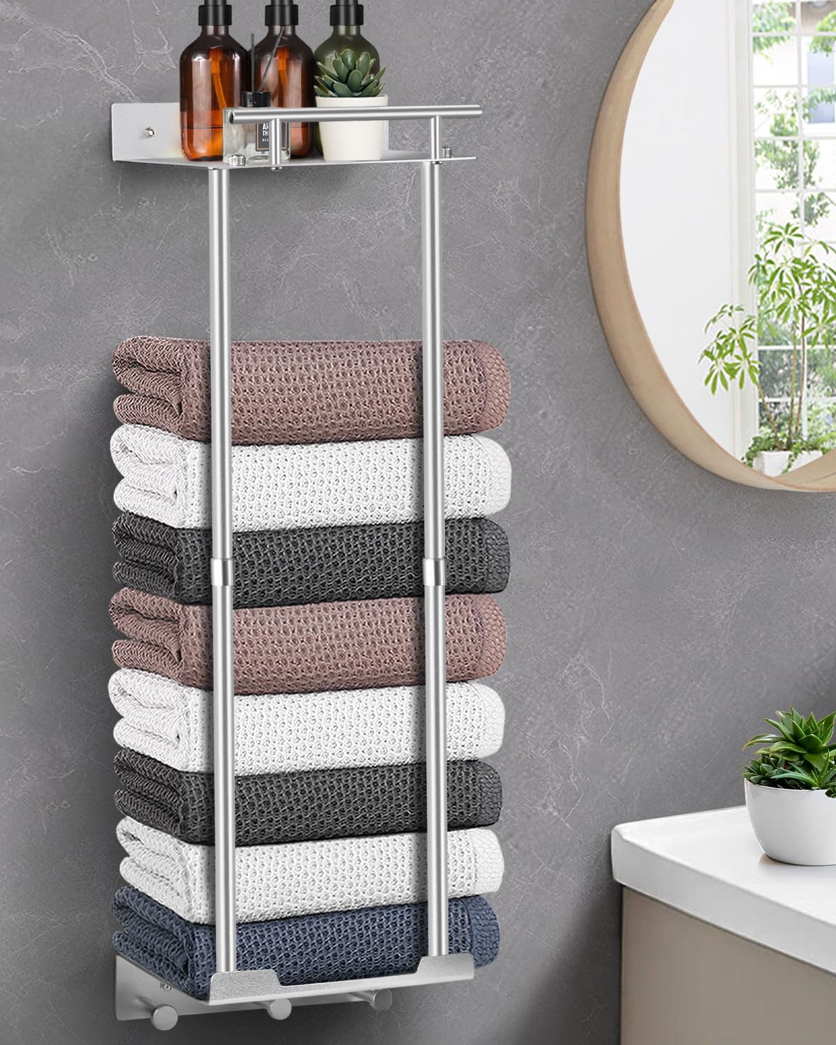 LIVEHITOP Towel Storage, Towel Rack Self Adhesive 81cm Adjustable Pole 41-72CM Stable Wall Mounted Towel Holder Bathroom Silver with Shelf Hooks