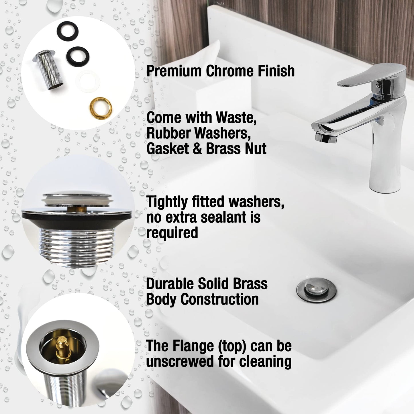 Xcel Home Unslotted Chrome Silver Click Clack Basin Waste, Durable Brass Pop-Up Sink Plug Replacement