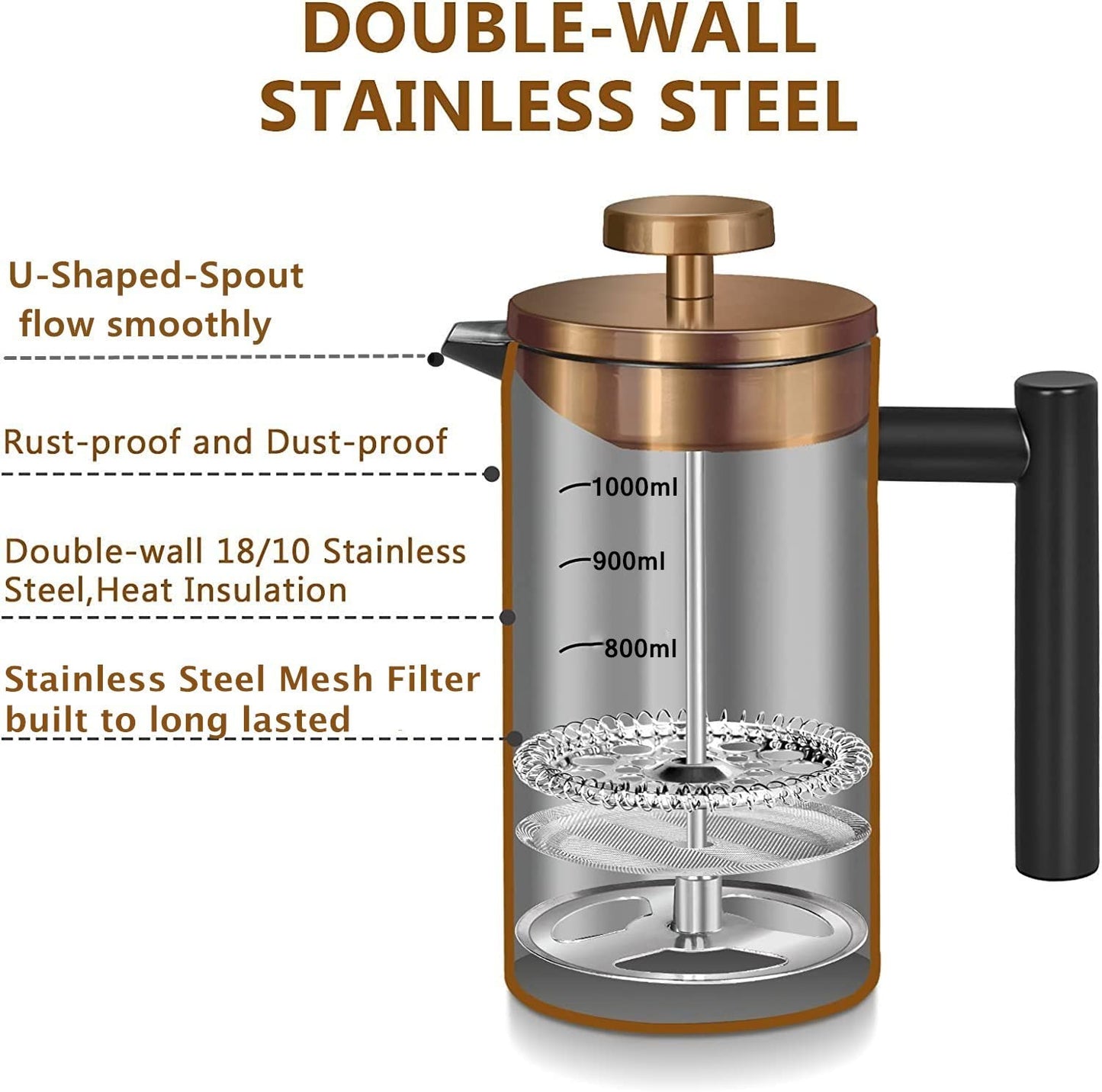 MaxMiuly Large Cafetiere 1.5L/50 OZ Stainless Steel French Press Insulated Coffee Press, Double Wall Keep Hot Coffee & Tea Maker,Bonus with 2 Coffee