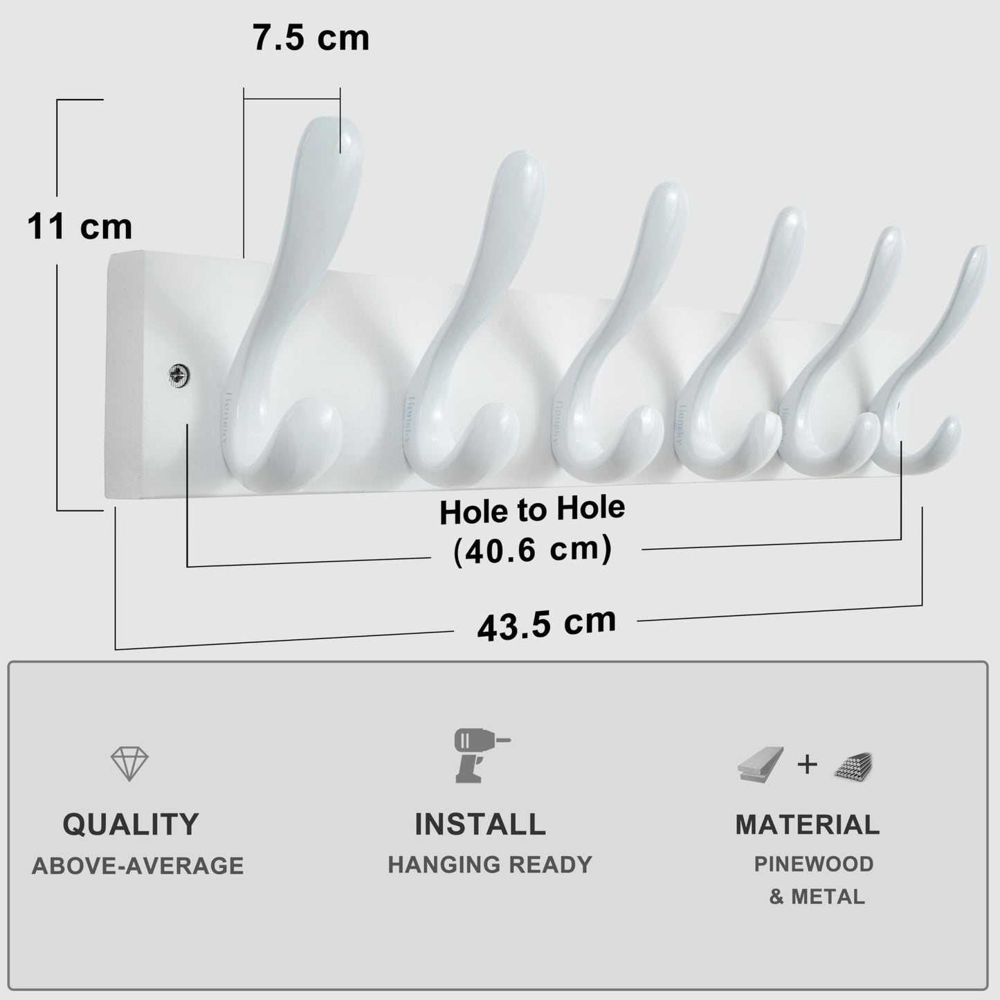HONSKY Wall Coat Rack, 43cm Wooden Coat Hanger with 6 Double Hooks,Wall Coat Hook,Towel Rack Hanging Coat,Towel,Bag for Entryway, Hallway, Bedroom