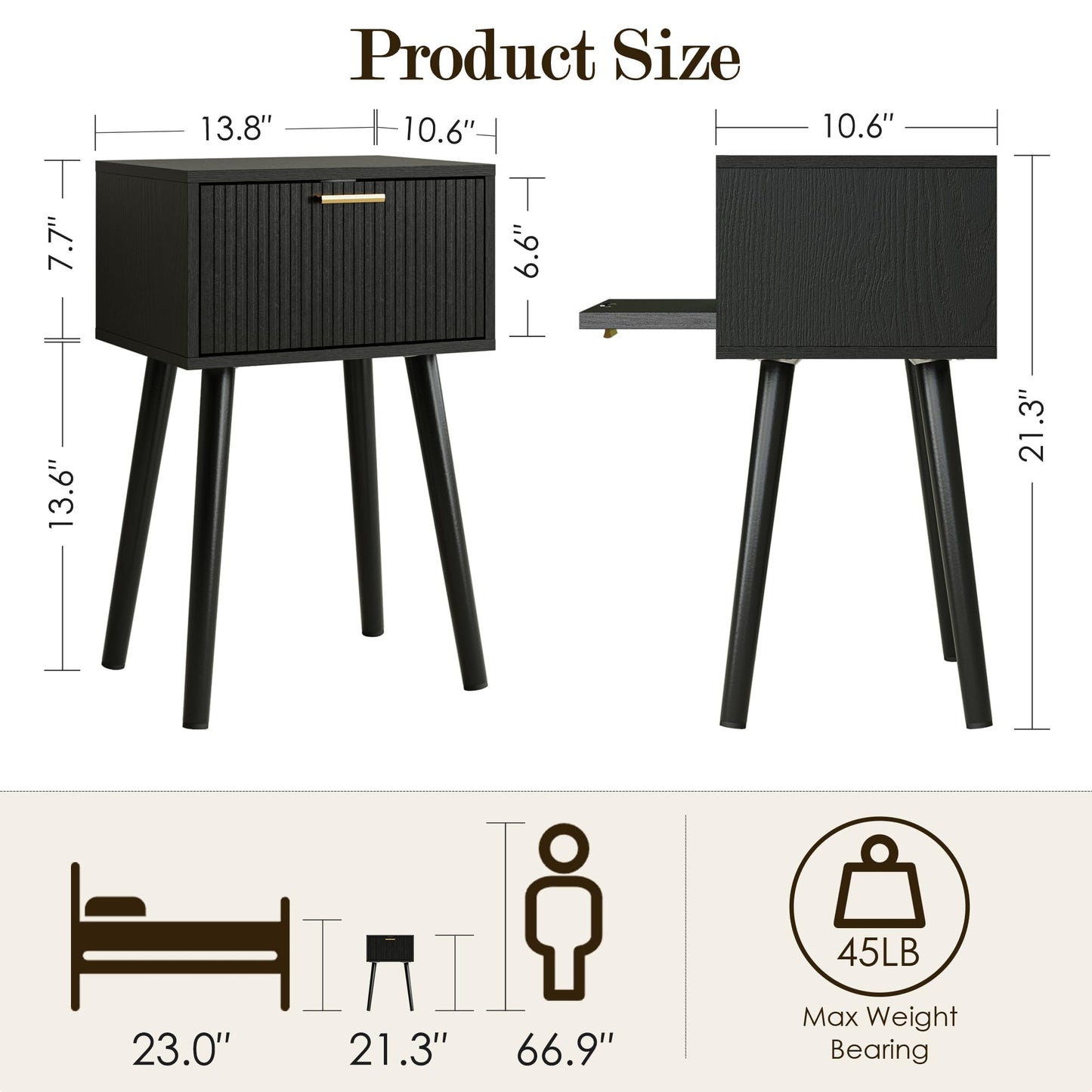 Apetaccat Bedside Table, Side Table with Drawer and Long Wooden Leg, Black