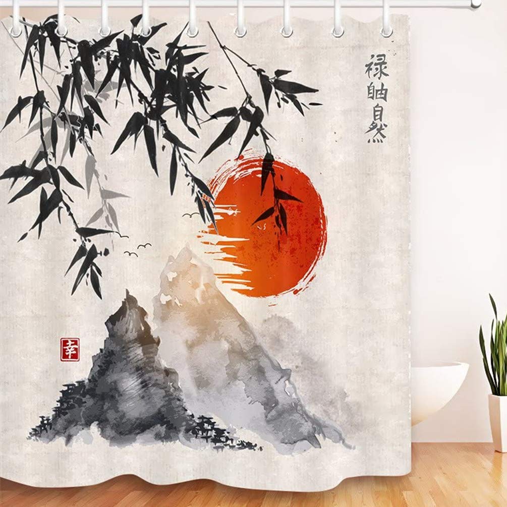 LB 71x71 inch Sumi-e Japanese Shower Curtain Bamboo Mountain Red Sun Waterproof Anti-mold Polyester Fabric Bathroom Curtains with 12pcs Hooks,Ink