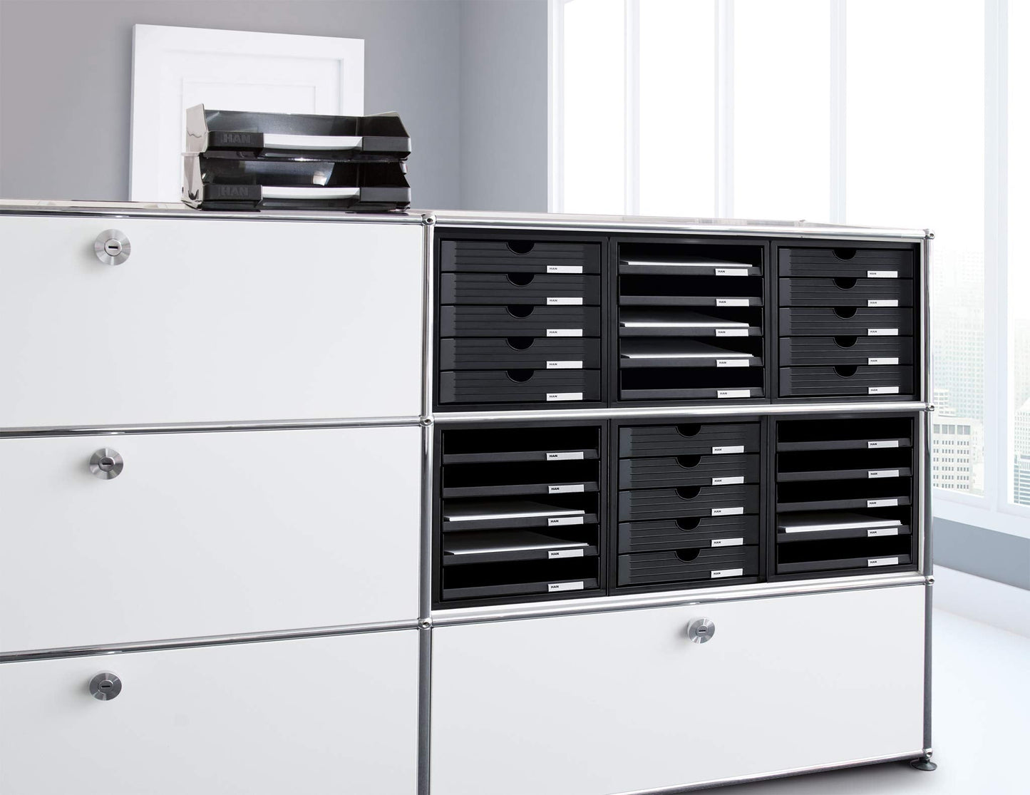 HAN 1401-11, SCHRANK-SET Drawer set . Innovative, attractive design with 5 open drawers, light-grey