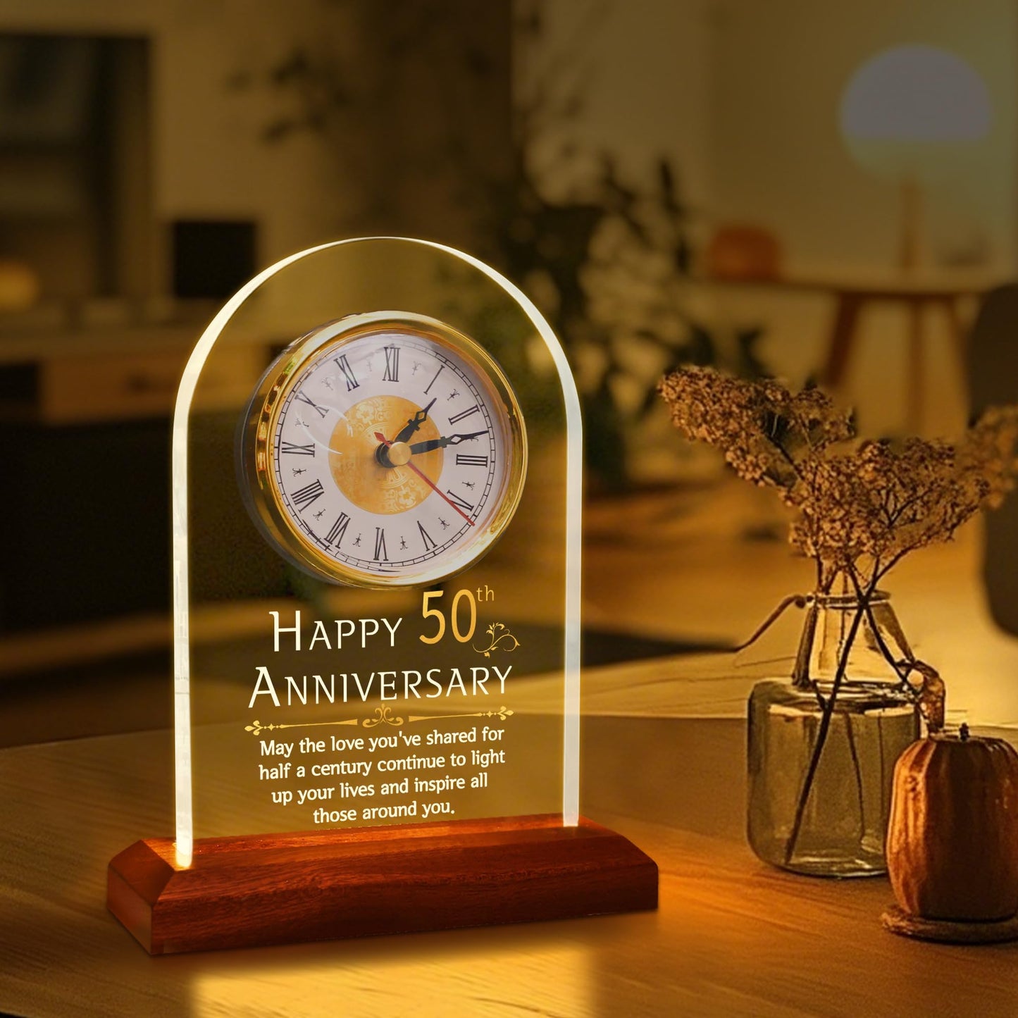 OkiyiD 50th Anniversary Wedding Gift, Anniversary Quartz Clock, Desk Table Clock, 50 Years of Marriage, Golden Wedding for Couple, Parents,
