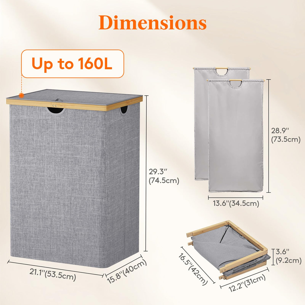 Lifewit 160L Bamboo Laundry Basket with Lid, Washing Basket Laundry Basket 2 Compartments Laundry Hamper Dirty Clothes Basket Bin whit 2 Removable