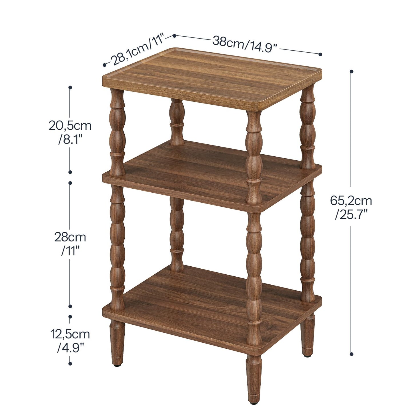 HOOBRO Side Table, 3-Tier Small Table with Solid Wood Legs, Retro Bedside Table Sofa Table with Open Shelf, Nightstand, Accent Table for Small Space