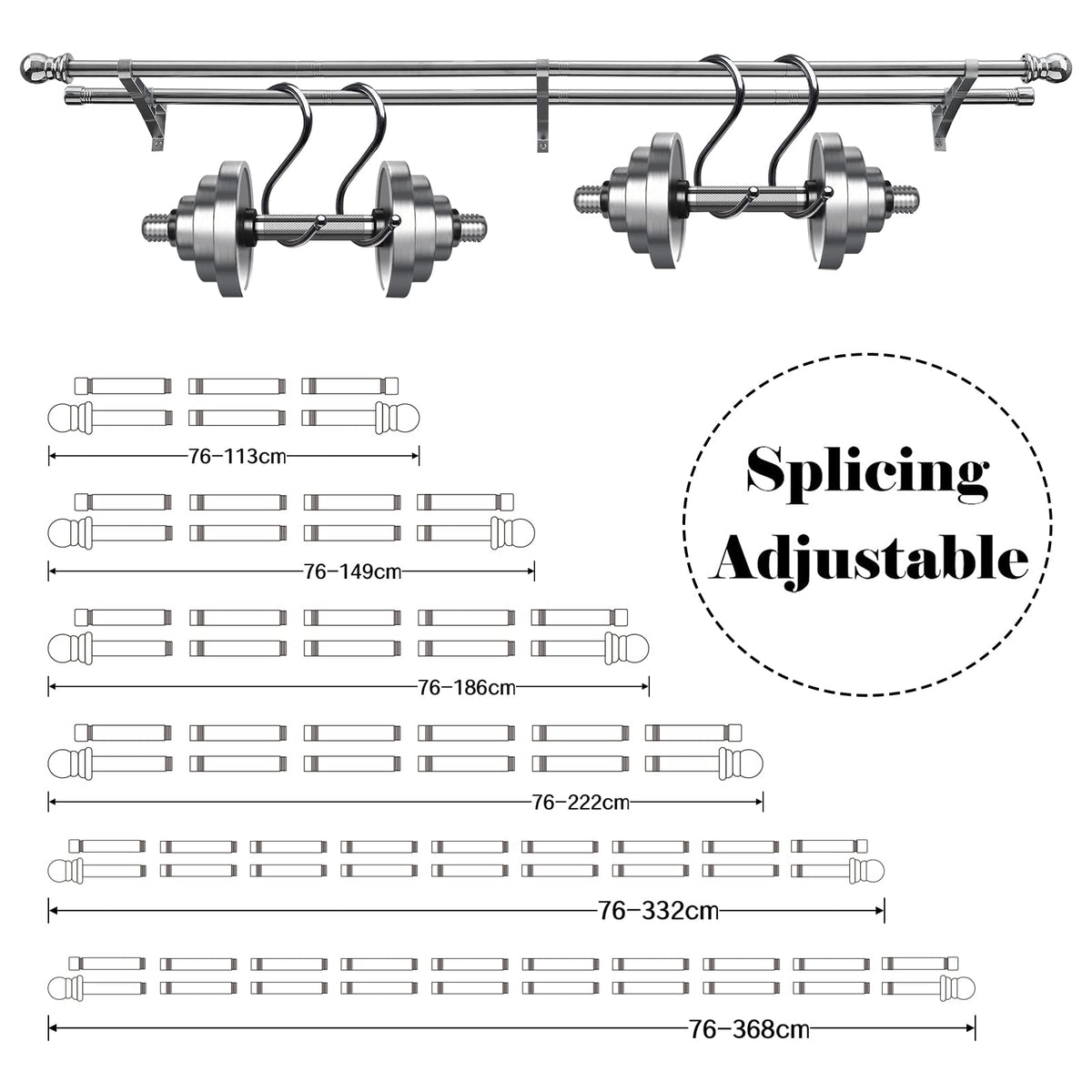 Harrms Double Curtain Pole, Curtain Poles for Eyelet Curtains, Silver Curtain Pole 76-368cm, Extendable Metal Curtain Rod Stainless Steel Room