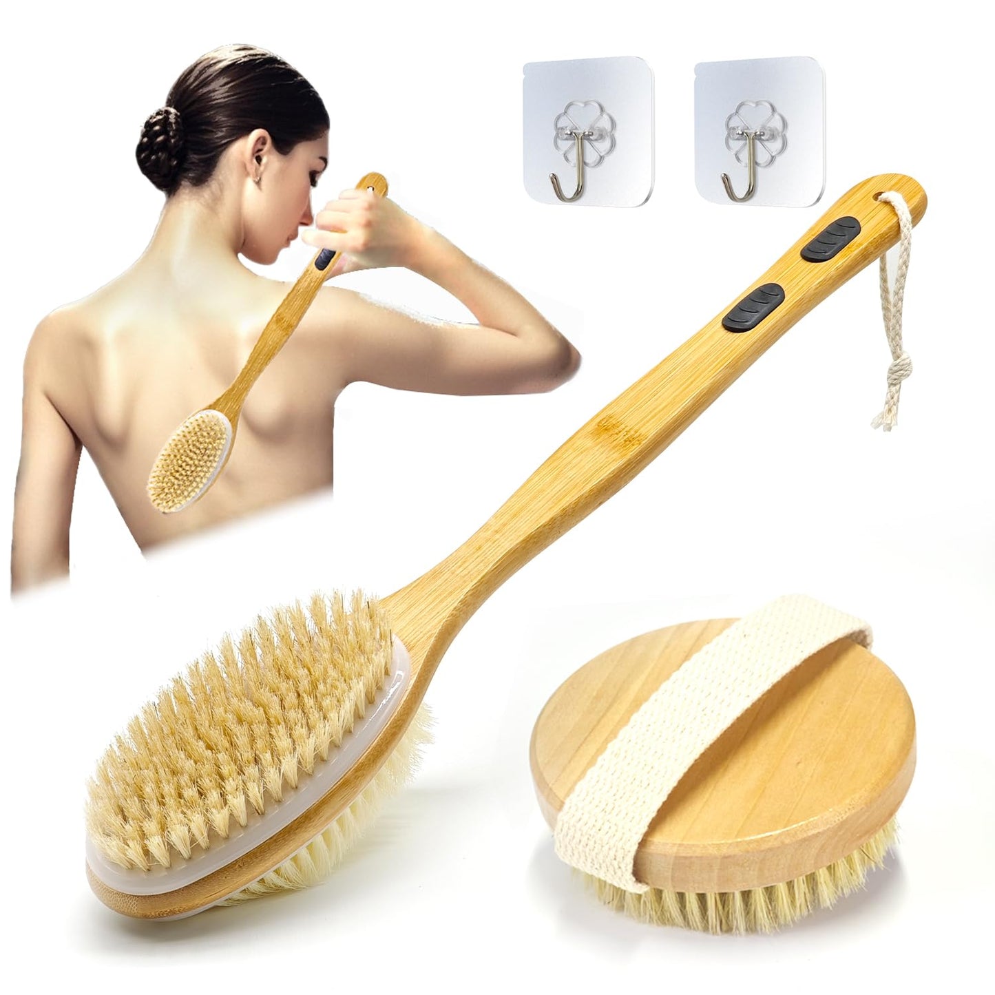 YUNYU Wet & Dry Brushing Body Brush Set, 2pcs Long Handle Back Scrubber & Round Head Dry Brush, Double-Sided for Exfoliation, Dead Skin Removal, Blood